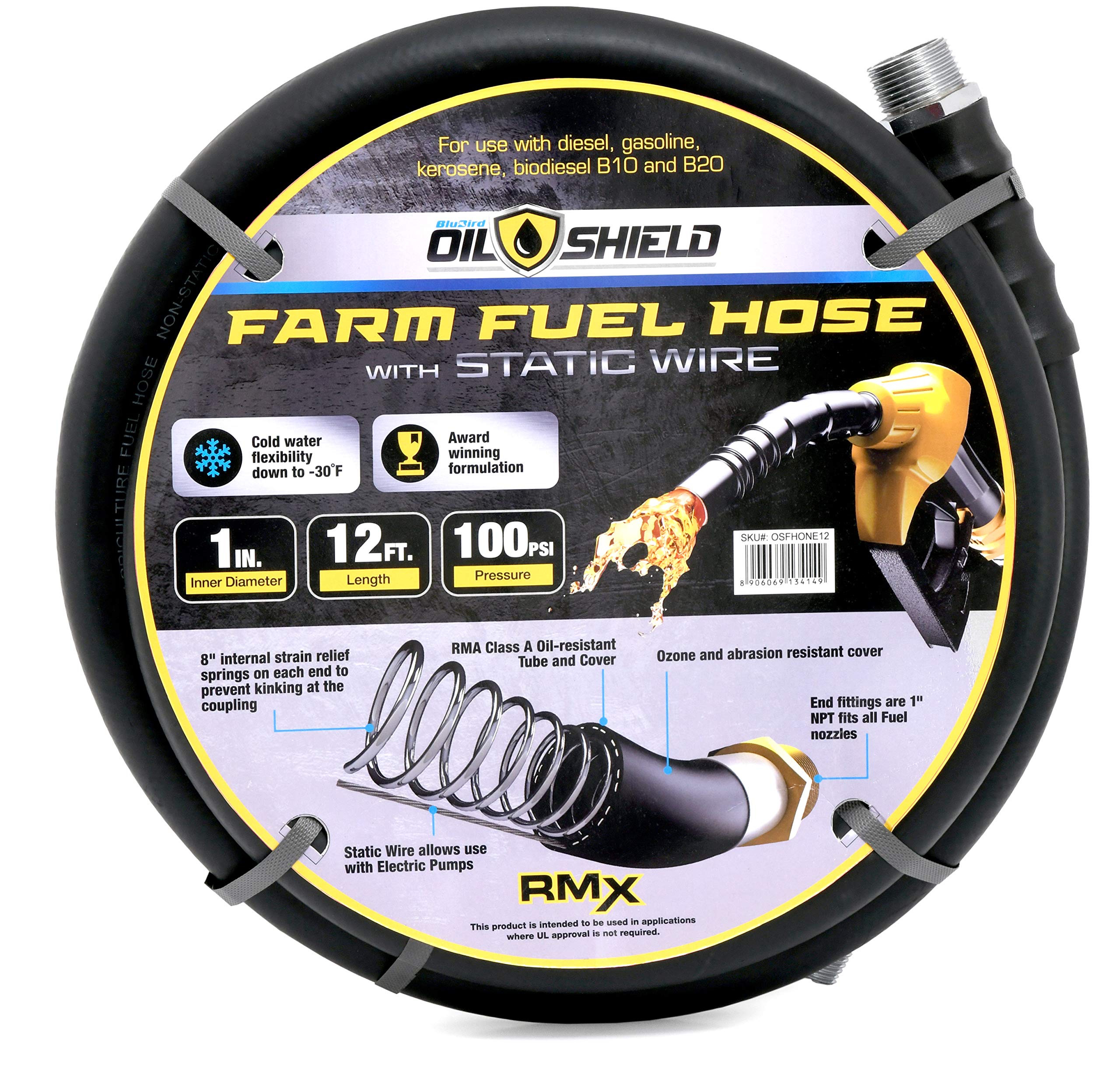 Oil Shield Next-Gen Farm Fuel Transfer Hose - Lightweight, 2X Kink Resistant, Antistatic - with 4 Finger Grip Bend Restrictors (1