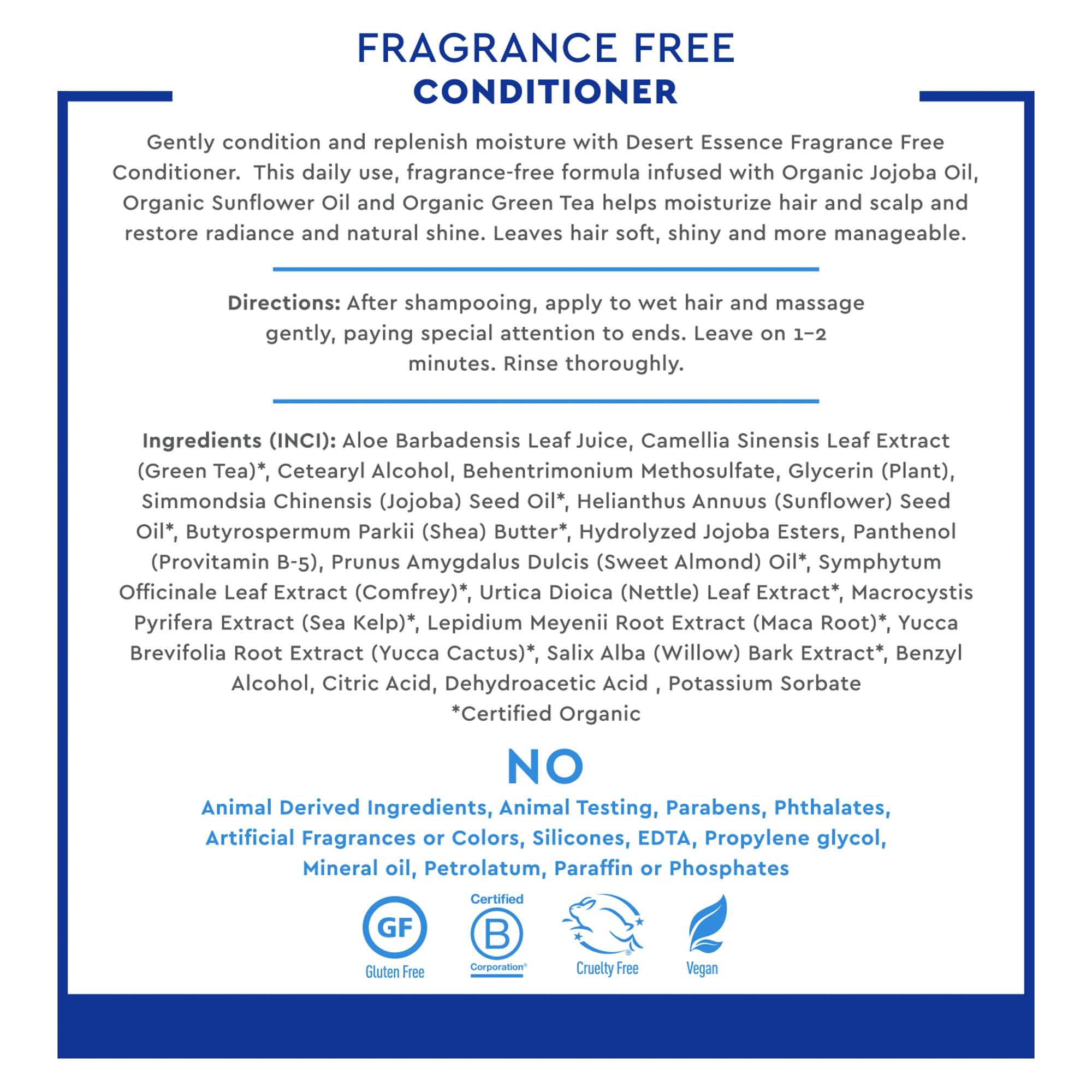 Desert Essence Fragrance Free Conditioner - Pure & Natural Hair Care - 8 Fl Oz (Pack of 2) - Gloss, Shine, Smooth & Soften Hair - No Oil Residue - Enriched with Antioxidants, Green Tea, Jojoba Oil & Vitamin B5 - Perfect for Daily Hair Hydration & Repair - Ideal for Sensitive Scalp & All Hair Types