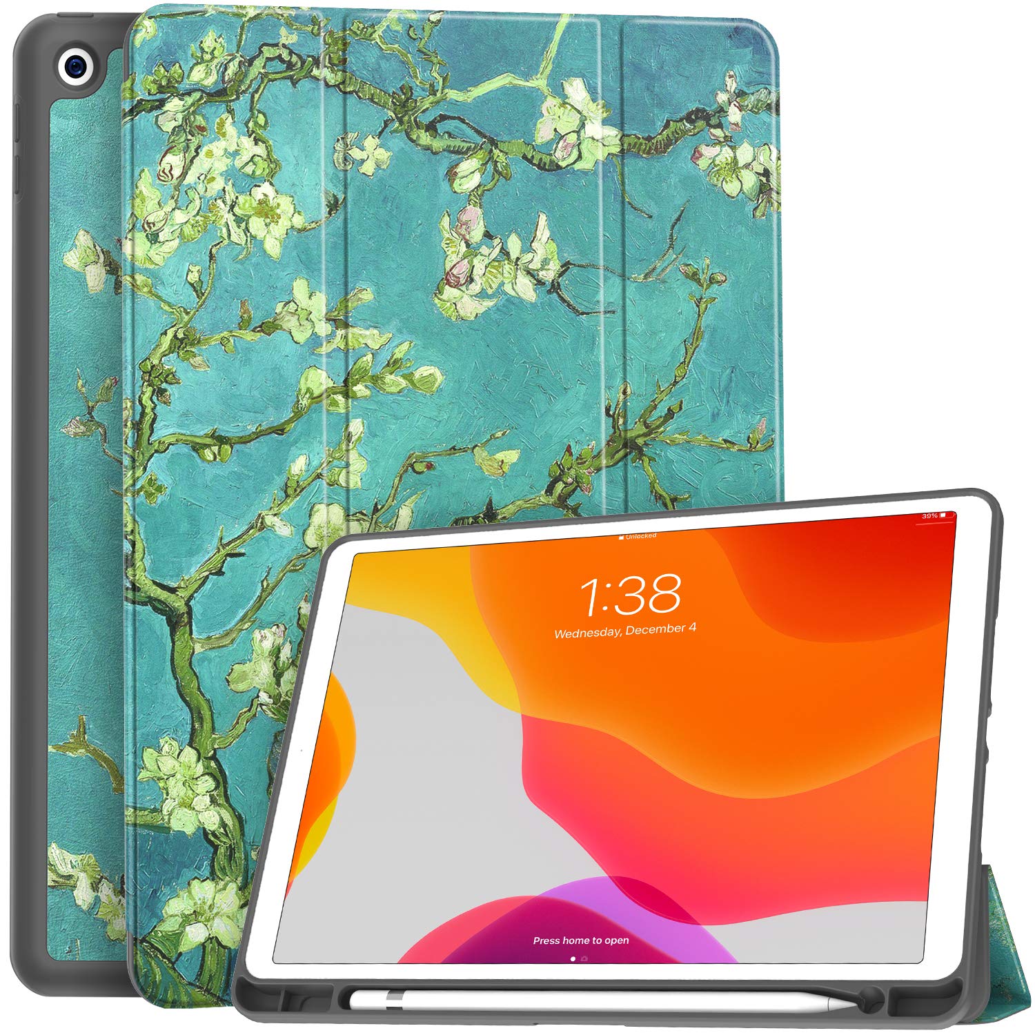 Premium Shockproof iPad 10.2 Case with Pencil Holder - Compatible with iPad 9th/8th/7th Generation (2021/2020/2019) | Soft TPU Back Cover & Auto Sleep/Wake Function | Apricot Blossom Design | Perfect for Work, School & Travel Protection