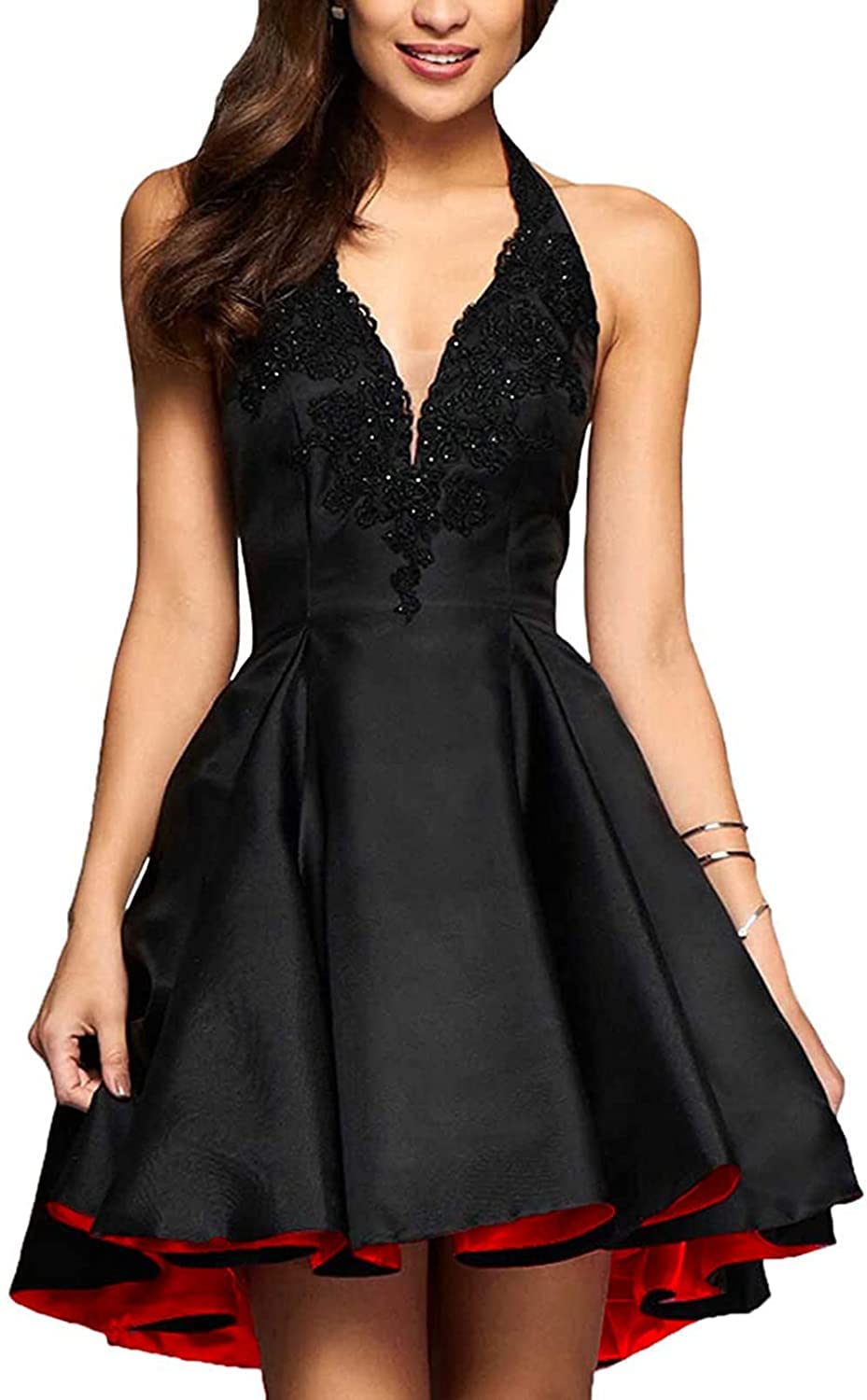 Sukleet 2025 Lace Appliques Short Homecoming Dress for Teens - High Low Halter Satin Prom Dress with Pockets | Perfect for School Dances, Formal Events & Special Occasions