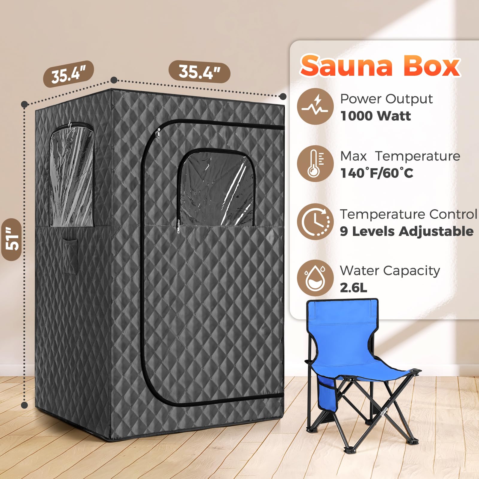 Upgraded Portable Sauna for Home Use - 2.6L Steamer with 99-Minute Timer & Remote Control - Foldable Steam Sauna Box with Chair (Grey) - Perfect for Relaxation, Detox & Home Spa Therapy