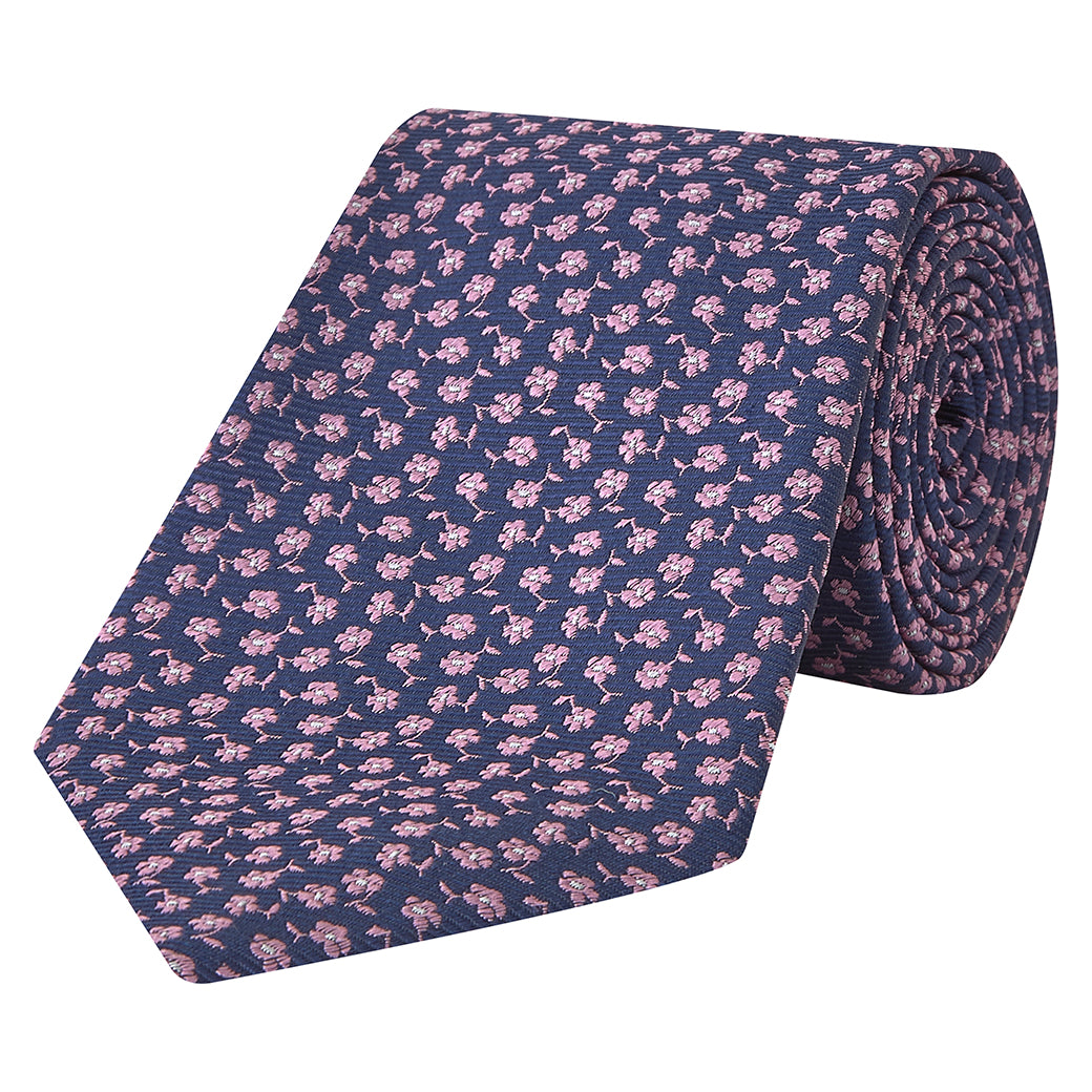 Navy and Pink Floral Silk Tie for Men - Elegant Woven Twill Necktie for Weddings, Business & Formal Occasions