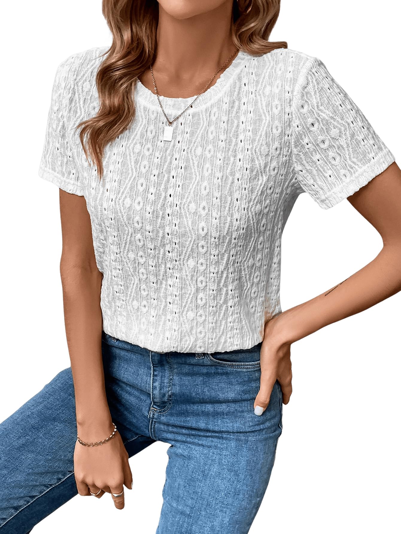 SweatyRocks Women's Vintage Eyelet Embroidery Short Sleeve T-Shirt - Breathable Cotton Crewneck Casual Top for Summer, Beach & Holiday Outfits