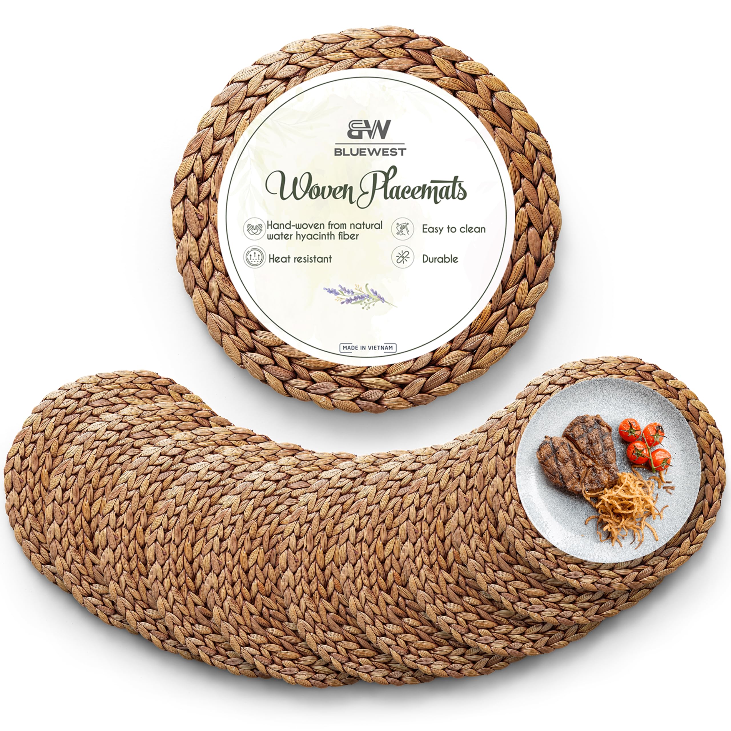 BLUEWEST Round Woven Placemats Set of 10 - Natural Rattan & Water Hyacinth Braided Placemats - Heat Resistant & Durable for Plates (11.8