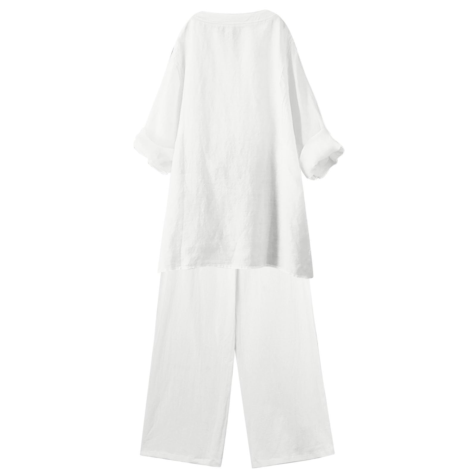 Women's 2-Piece Linen Pants Set - Casual V-Neck Button Down Shirt & High Waist Pants Outfit for Beach, Travel & Summer | Breathable Comfort Outfits for Women