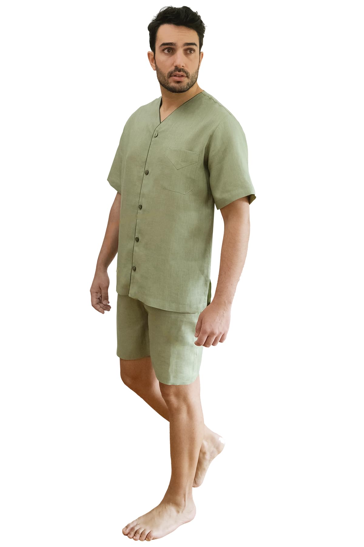 Men's V-Neck Linen Short Pajamas Set - Premium European Made Sleepwear for Summer Nights & Lounge Wear