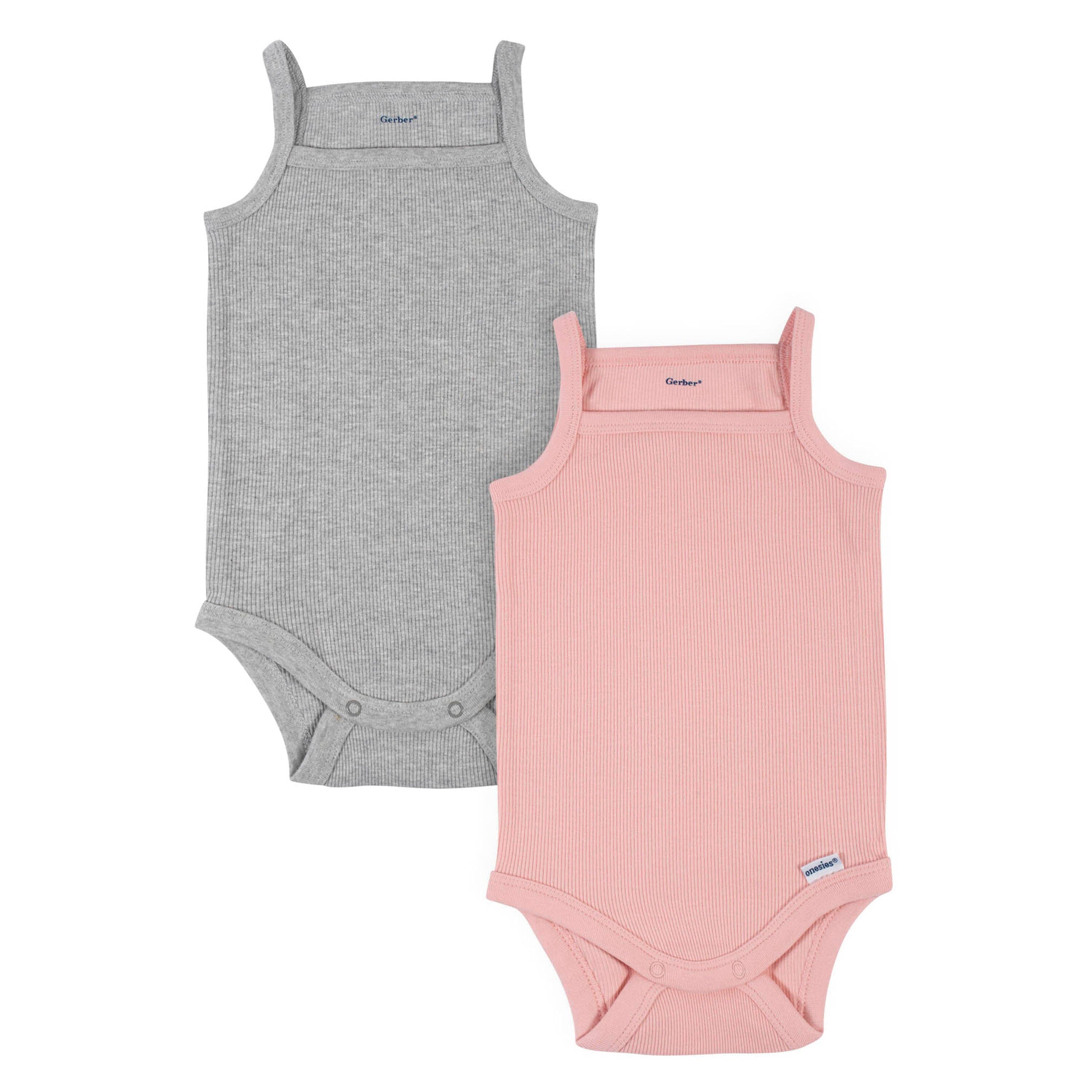 2 Pack Baby Girls Pink & Heather Grey Sleeveless Onesies® Bodysuits - Soft Cotton Infant Rompers for Summer & Playtime