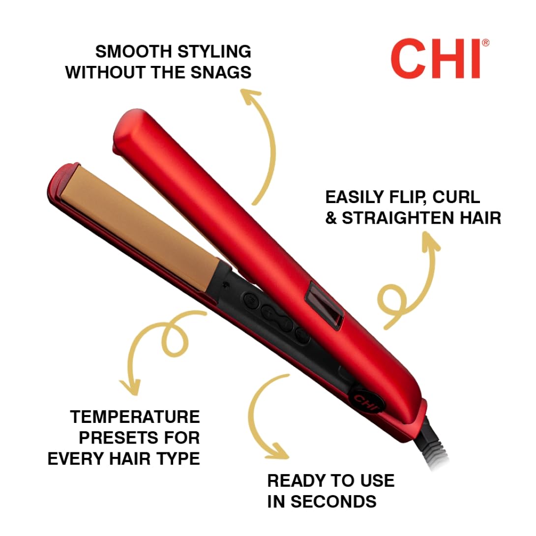 CHI Original Digital Ceramic Hairstyling Iron 1 Inch - Professional Hair Straightener with Ruby Red Finish - Lightweight 1 lb Design for Smooth & Shiny Hair - Perfect for Home Use, Salon Styling & Travel