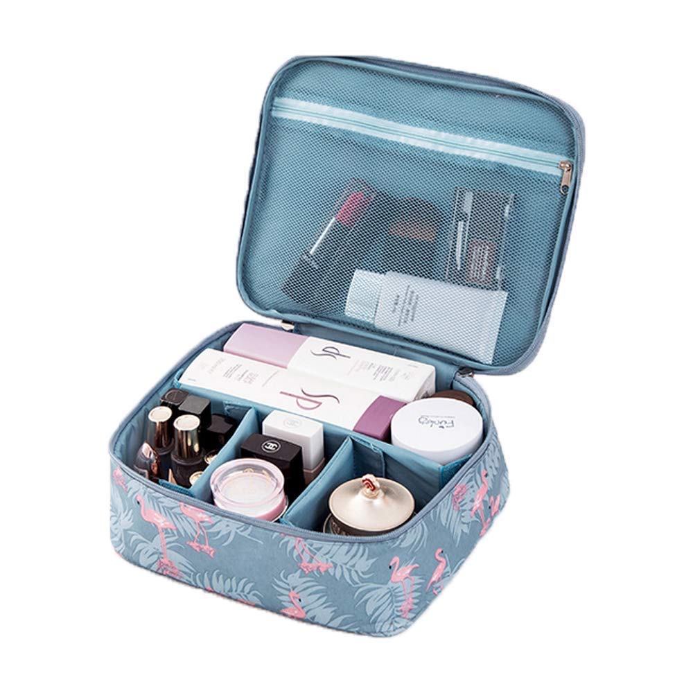 SKYFUN 17cm Foldable Nylon Travel Makeup Bag with Adjustable Dividers & Handles - Blue Flamingo Print Cosmetic Organizer for Bathroom, Train Case, Travel Essentials & Toiletry Storage