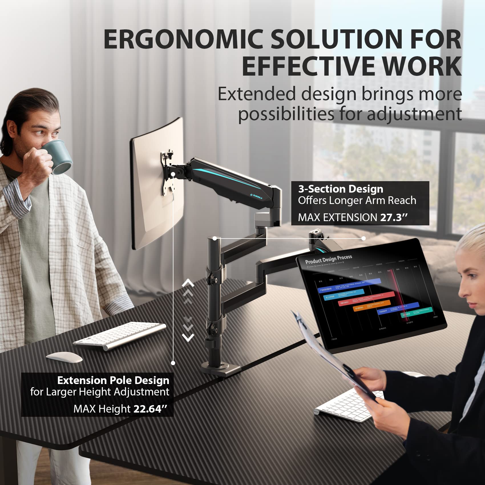 EUREKA ERGONOMIC Dual Monitor Stand - Adjustable Gas Spring Monitor Arm for 13-32 Inch Screens (Up to 17.6 lbs) with VESA 75x75/100x100mm - C Clamp & Grommet Base (Black) - Perfect for Home Office & Gaming Setup