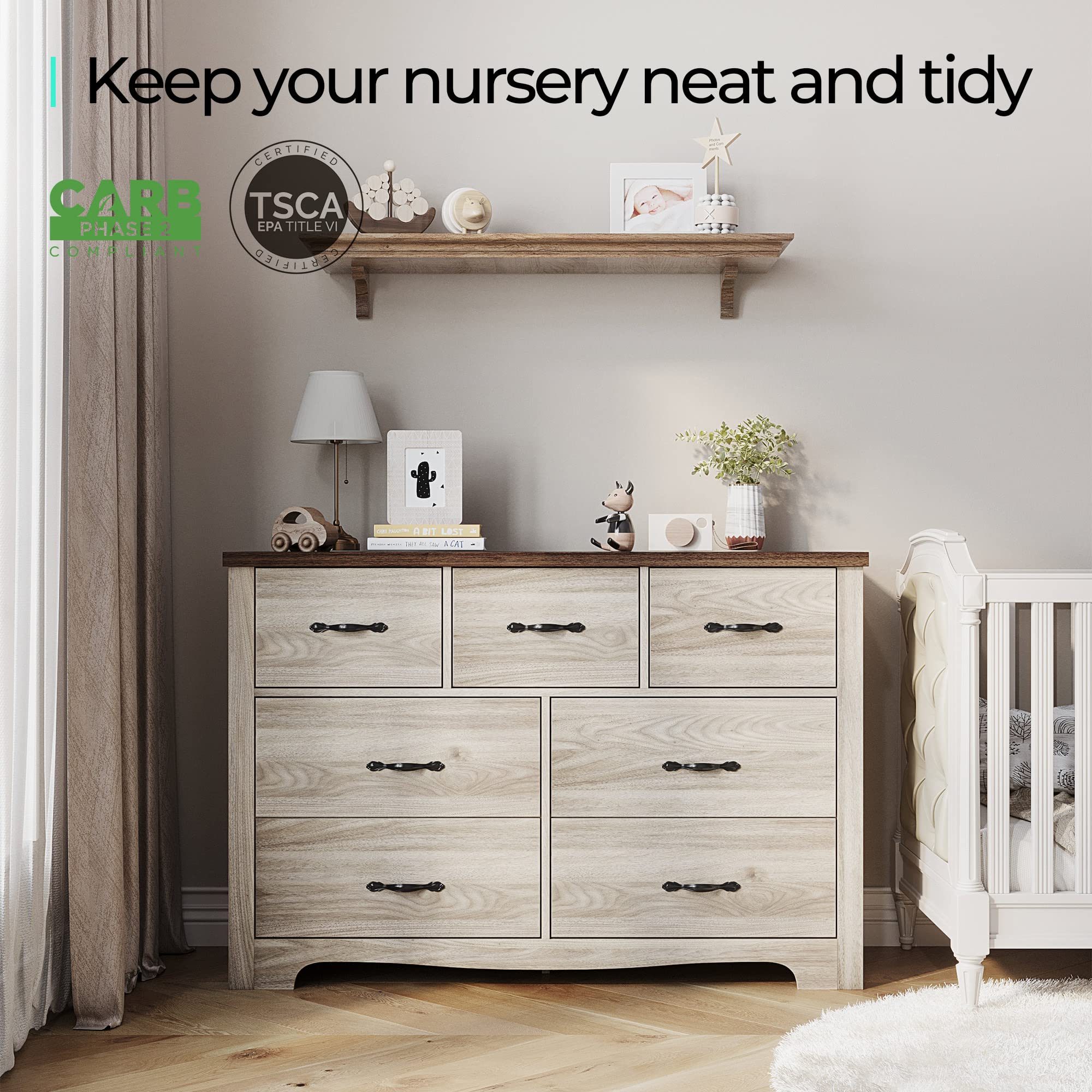 LINSY HOME 7-Drawer Double Dresser - SGS Certified Solid Wood Bedroom Dresser with Wide Drawers, Farmhouse Style Storage Chest for Bedroom & Living Room - Perfect for Organizing Clothes, Linens, and Home Decor