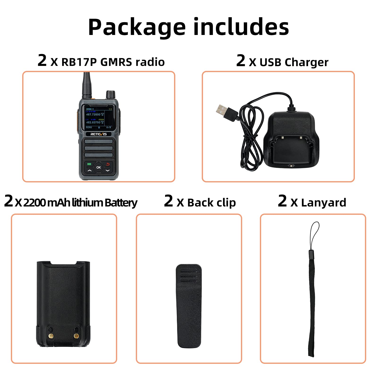 Retevis RB17P Rechargeable GMRS Walkie Talkies for Adults - Long Range Handheld Two-Way Radios with SOS Siren, NOAA Weather Alert & 2200mAh Battery (2 Pack) - Perfect for Off-Roading, Camping, Hiking and Outdoor Adventures