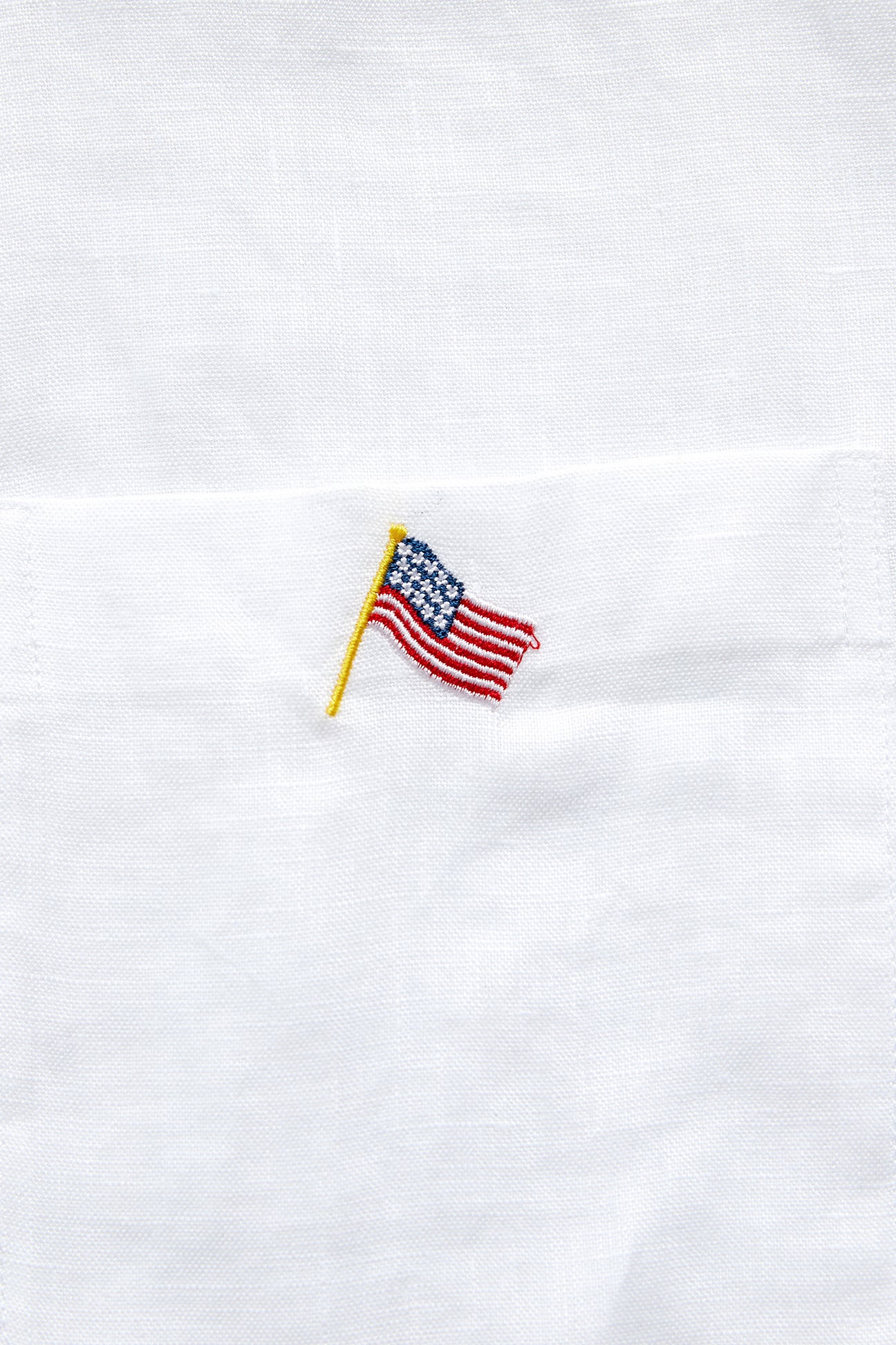 Men's Linen Chase Shirt - White with Powder Blue Trim & USA Flag Design - Perfect for Summer Outfits, Casual Wear, and Patriotic Events
