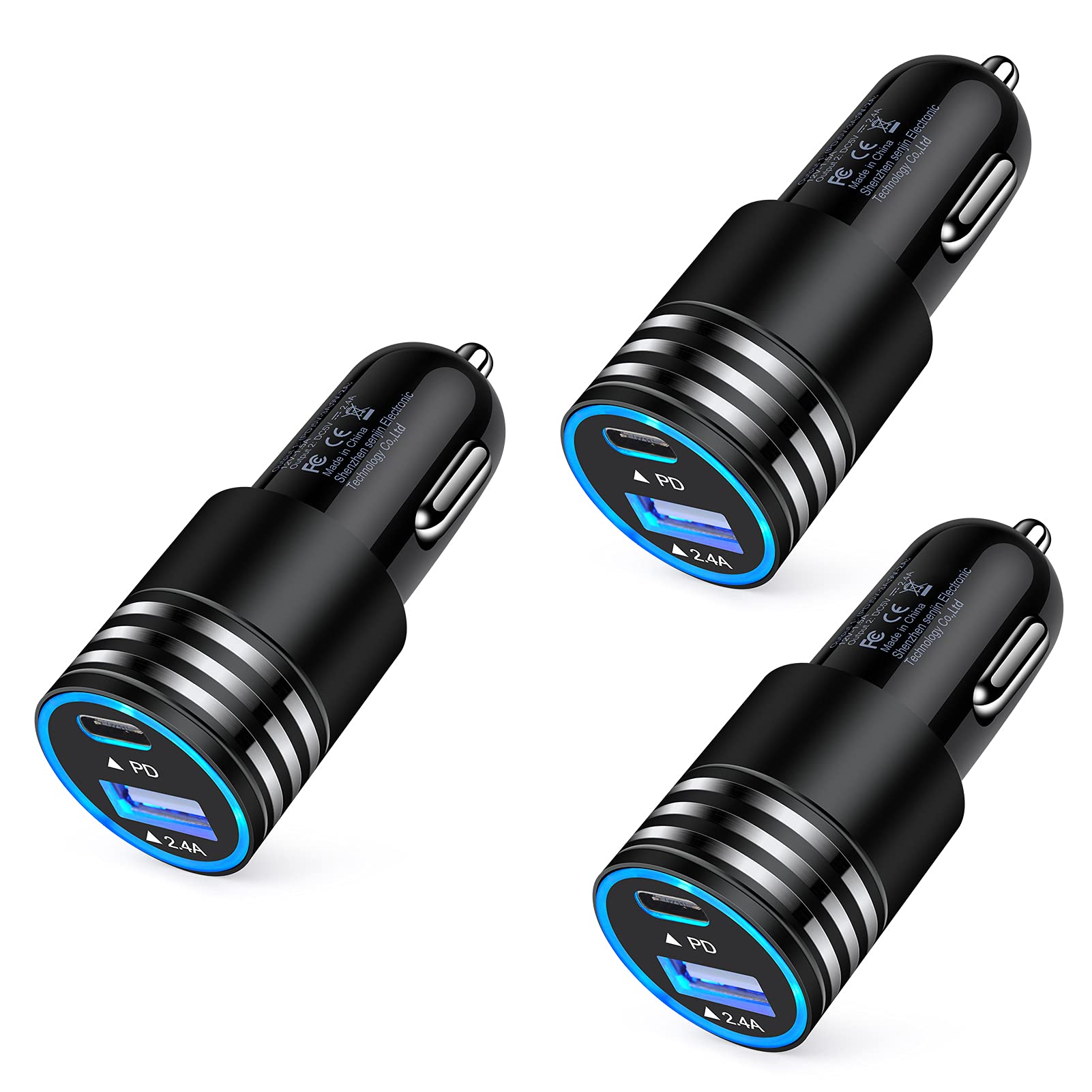 3-Pack 30W USB C Car Charger [PD 3.0 & QC 3.0] - Dual Port Fast Charging Adapter for iPhone 16/15/14/13/12/11 Pro Max/SE/XR/XS/X/8, Samsung Galaxy S24/S23/S22/S21/A13/A53 - Perfect for Road Trips & Daily Commute