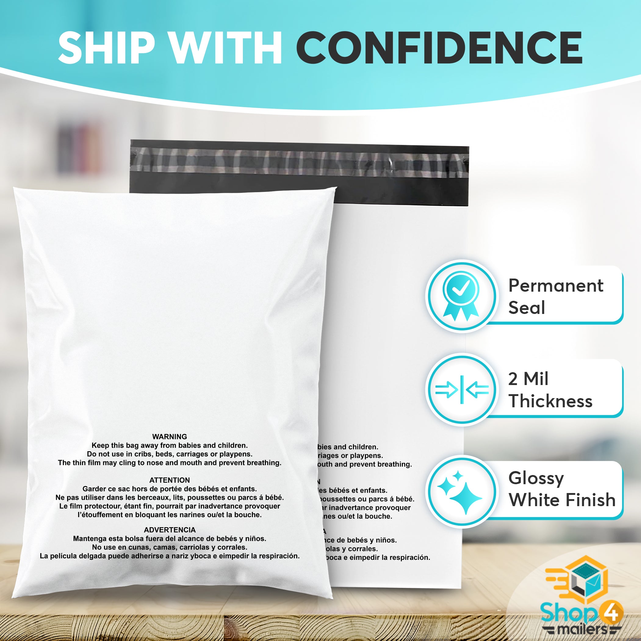 10x13 Glossy White Warning Printed Poly Mailer Envelopes 2 Mil - Waterproof Shipping Bags for Ecommerce, Retail & Mailing | Shop4Mailers