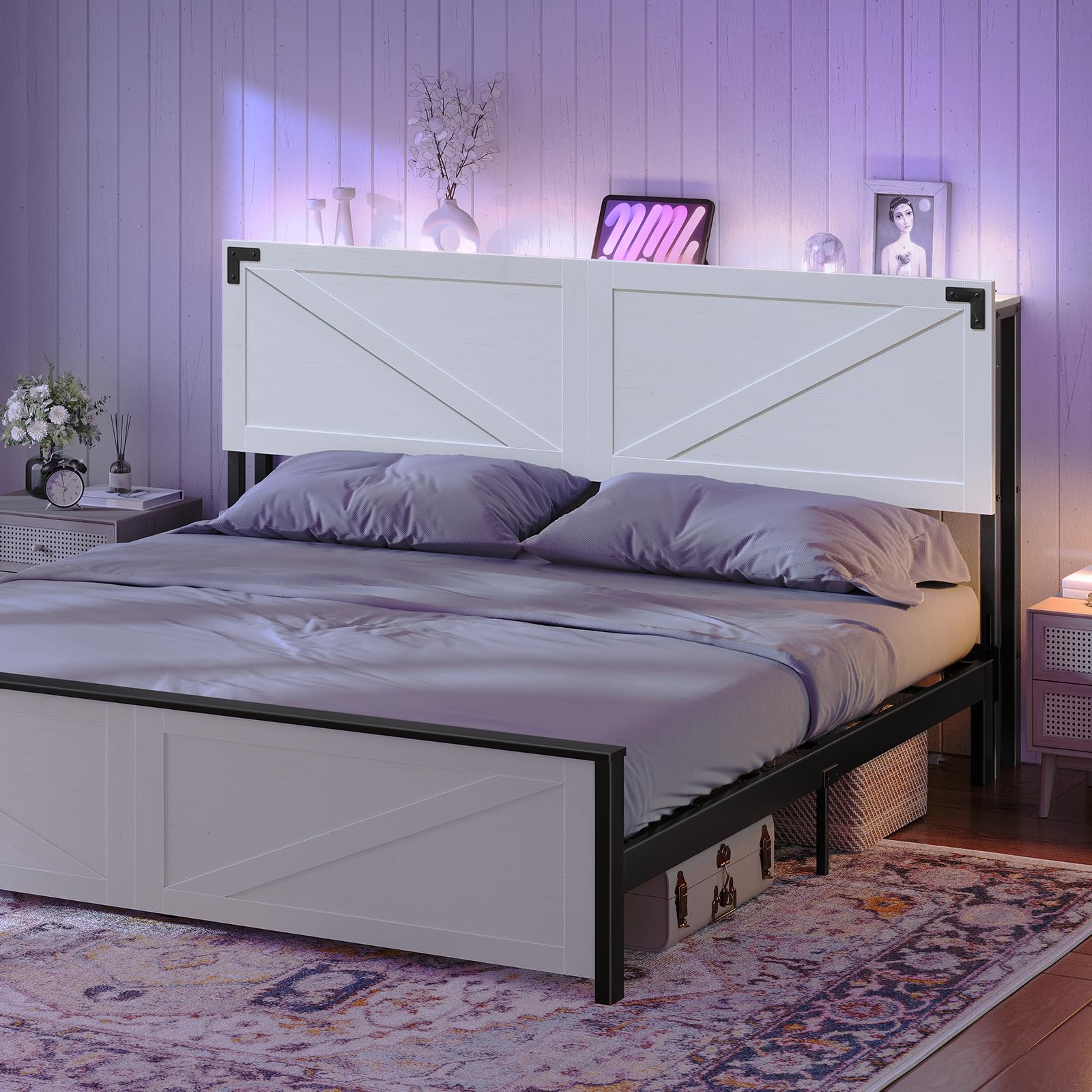 King Size Headboard with 2 Outlets & 4 USB Ports - Farmhouse Style LED Headboard with Secure Storage & Bed Frame Adapter - White & Black - Perfect for Bedroom Upgrade & Modern Home Decor