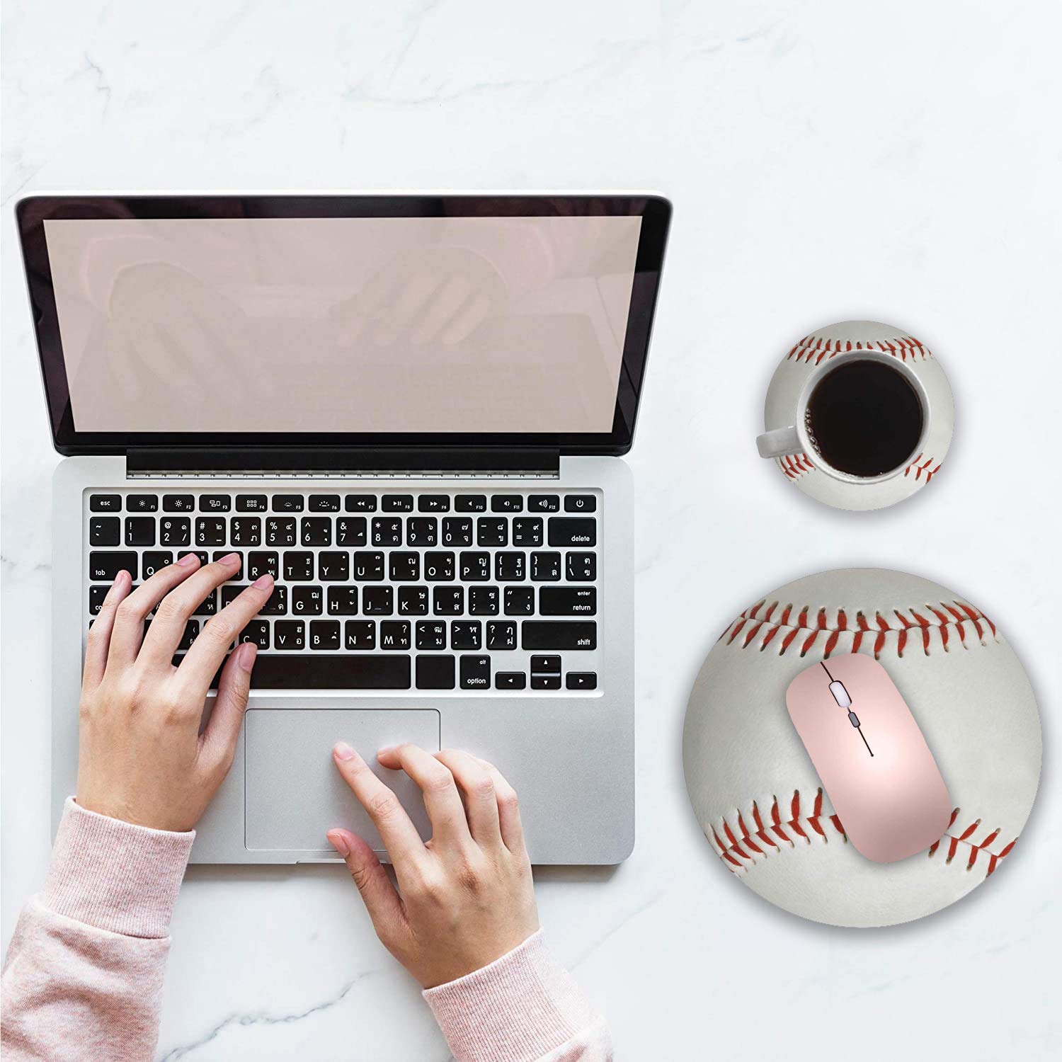 Baseball Design Non-Slip Rubber Mouse Pad with Coasters Set - Round Gaming & Office Desk Accessories for Computer, Laptop - Perfect for Work, Gaming & Home Office Decor