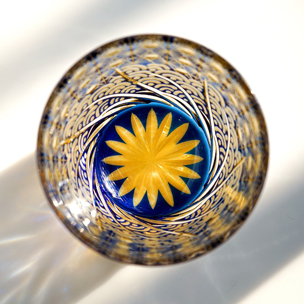 Handcrafted Edo Kiriko Amber Blue Whiskey Glass - Japanese Artisan Cut Crystal Cup for Whiskey, Tea & Cocktails - Elegant Drinkware for Home Bar, Gifts & Special Occasions
