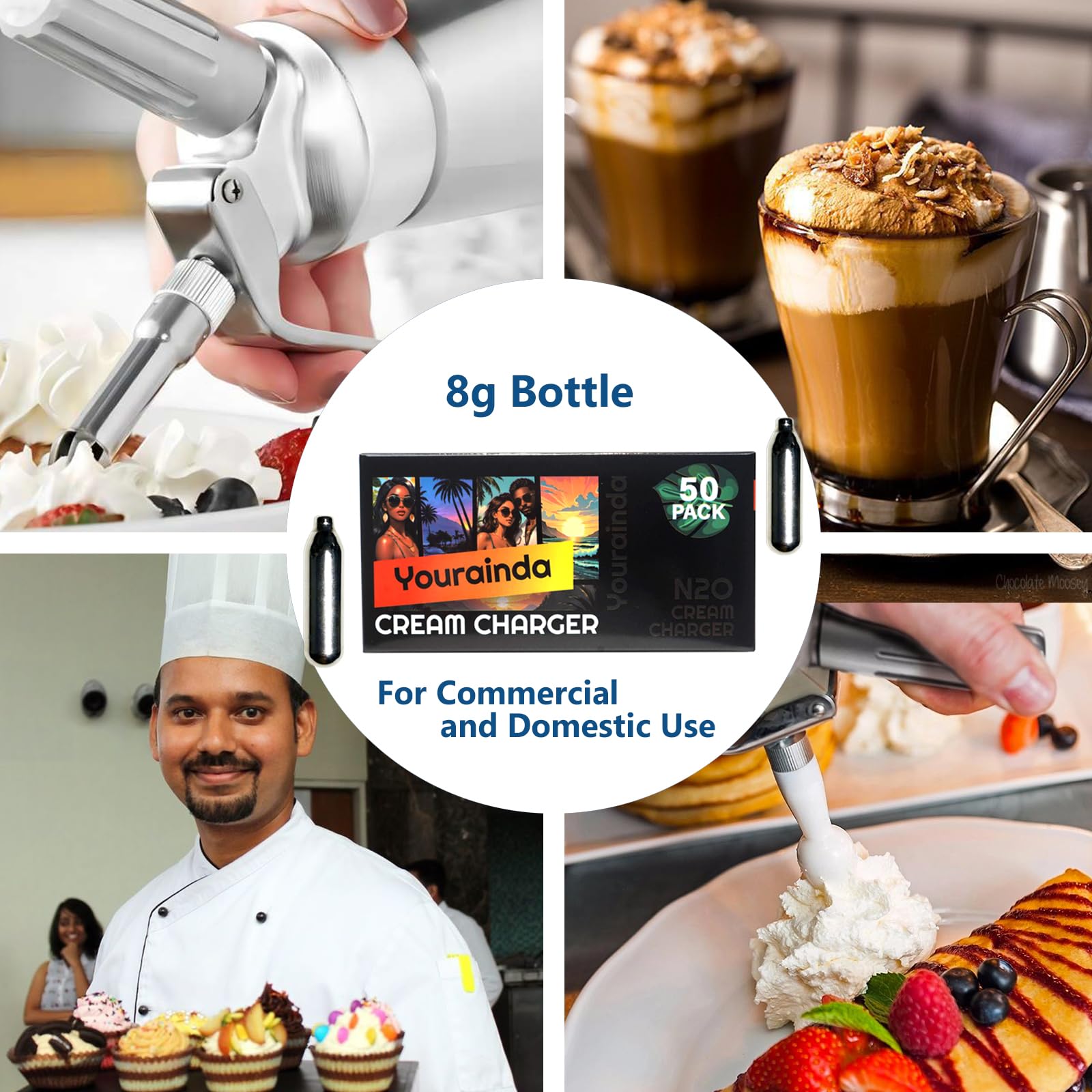 Premium 50 Pack Whipped Cream Chargers (8g N2O Cartridges) - Food Grade Stainless Steel Cream Chargers for Professional & Home Use - Perfect for Desserts, Coffee Toppings & Cocktail Decorations