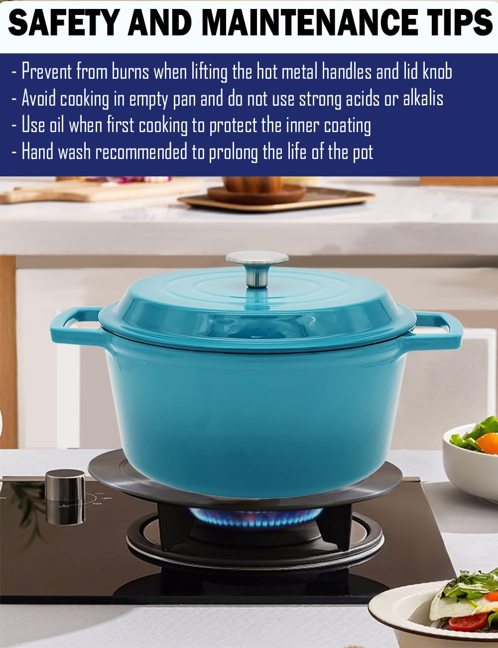 4.2 QT Enameled Cast Iron Dutch Oven with Non-Stick Interior - Multi-Purpose Cookware for Baking, Roasting & Braising - Compatible with All Cooktops & Dishwasher Safe - Perfect Gift for Family & Friends - Ideal for Camping, Home Cooking & Holiday Meals - Caribbean Blue