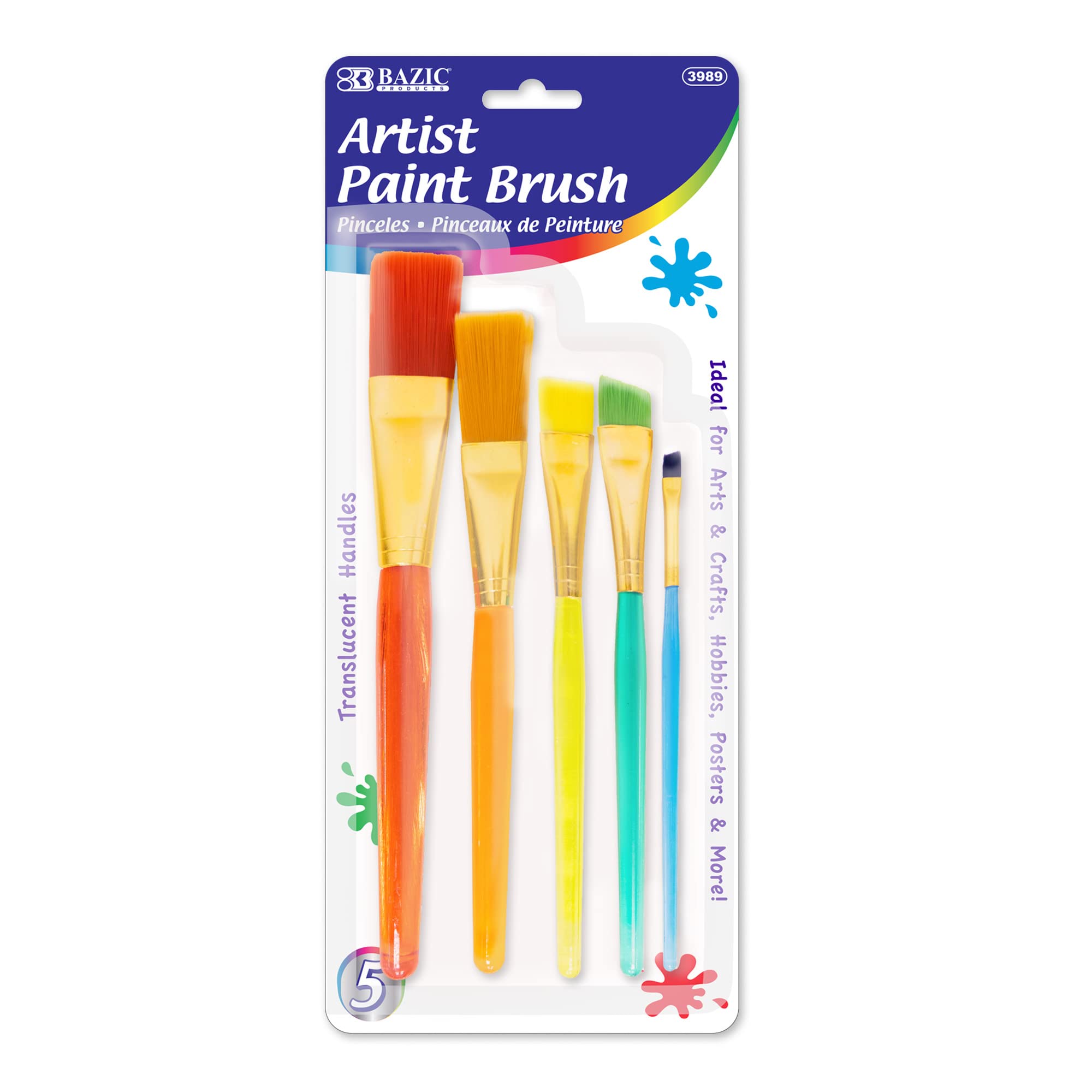 BAZIC 5-Pack Nylon Bristle Paint Brushes Set - Flat & Angled Artist Brushes for Acrylic, Oil, Watercolor, Gouache Painting - 144-Pack Bulk Art Supplies for Professionals & Beginners - Perfect for Canvas, Wood, Fabric & DIY Crafts