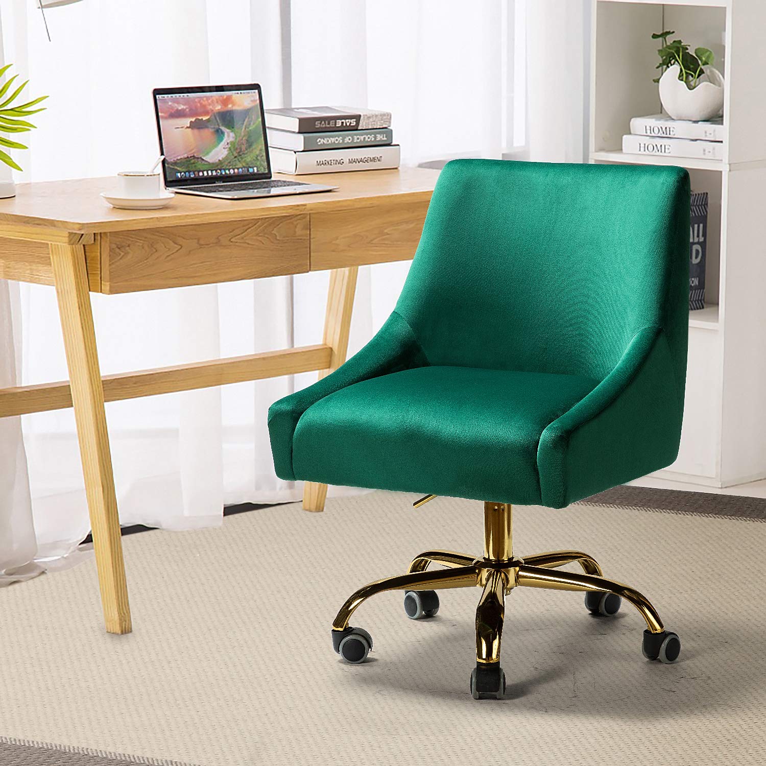 TINA'S HOME Velvet Home Office Chair - Adjustable Swivel Modern Desk Chair with Comfy Upholstery, Armless Computer Chair for Women | Perfect for Office, Study Room & Vanity Area (Gold Base, Green)
