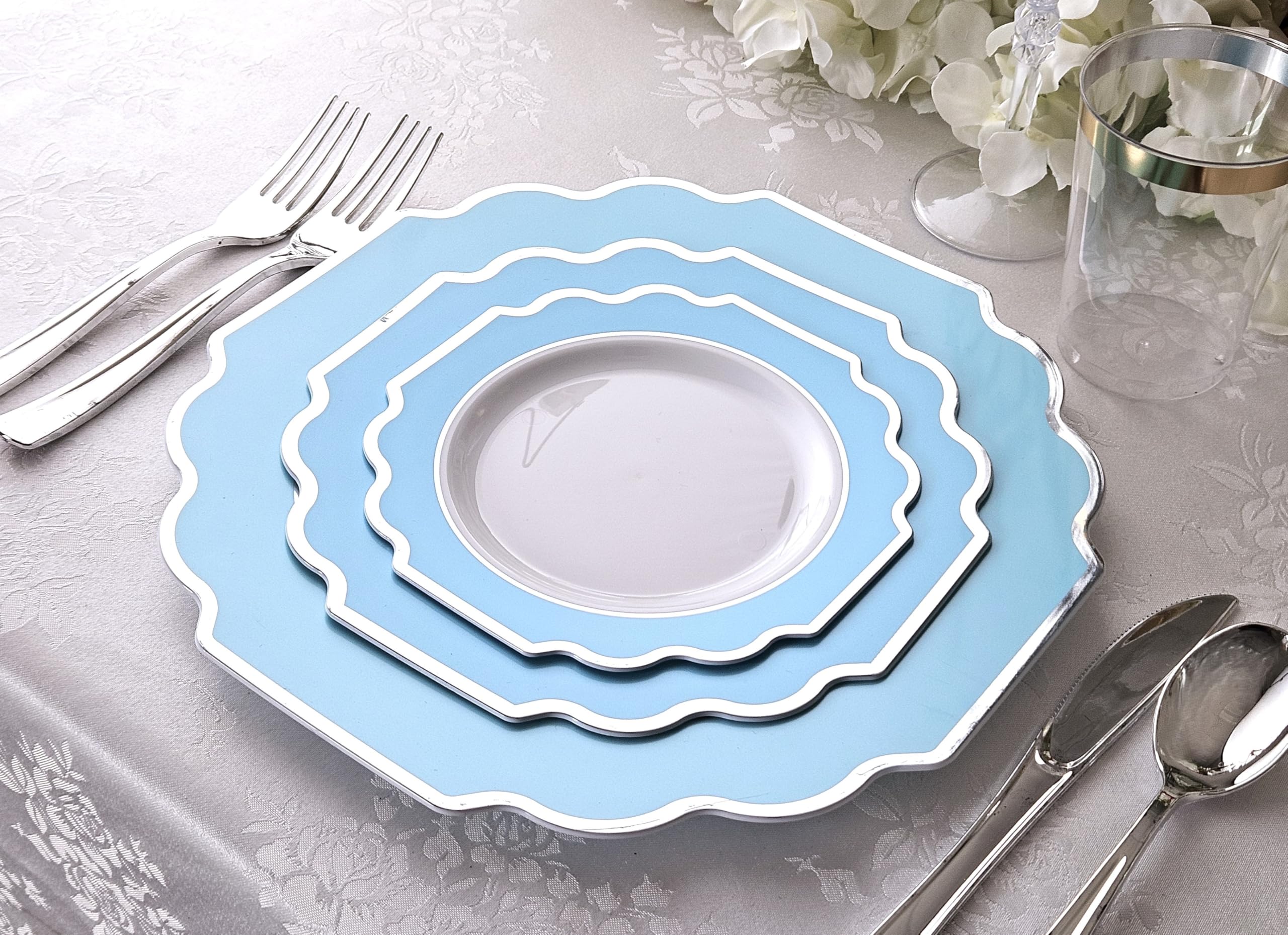 240-Pack Heavyweight Disposable Plastic Plates for Weddings & Parties - 120x10.5'' Dinner Plates + 120x8'' Appetizer Plates in Imperial Aqua & Silver | Perfect for Large Gatherings, Catering Events & Special Occasions