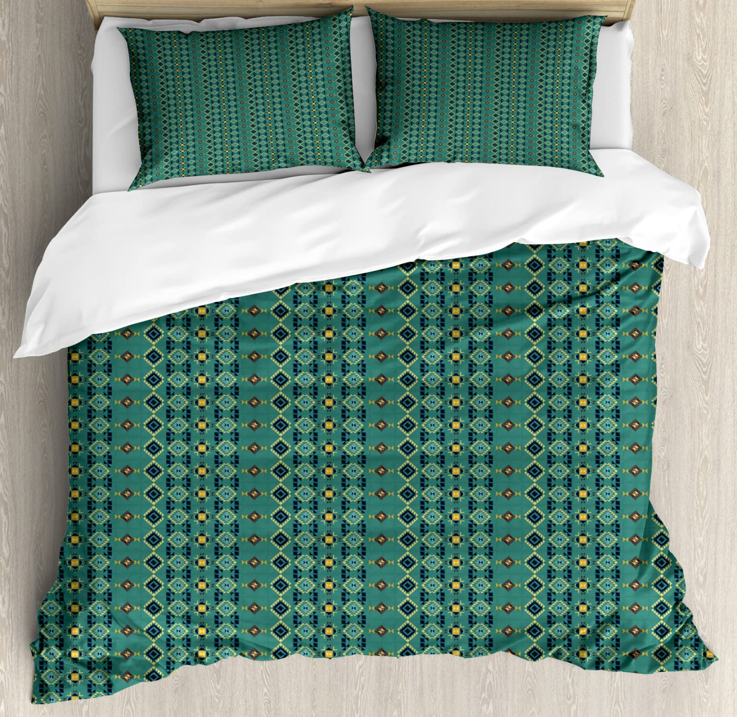 Ambesonne Bohemian Duvet Cover Set King Size 2-Pack - Geometric Pattern Bedding with 2 Duvet Covers & 4 Pillowcases, Dark Seafoam Yellow - Perfect for Boho Chic Bedroom Decor & Guest Room Styling