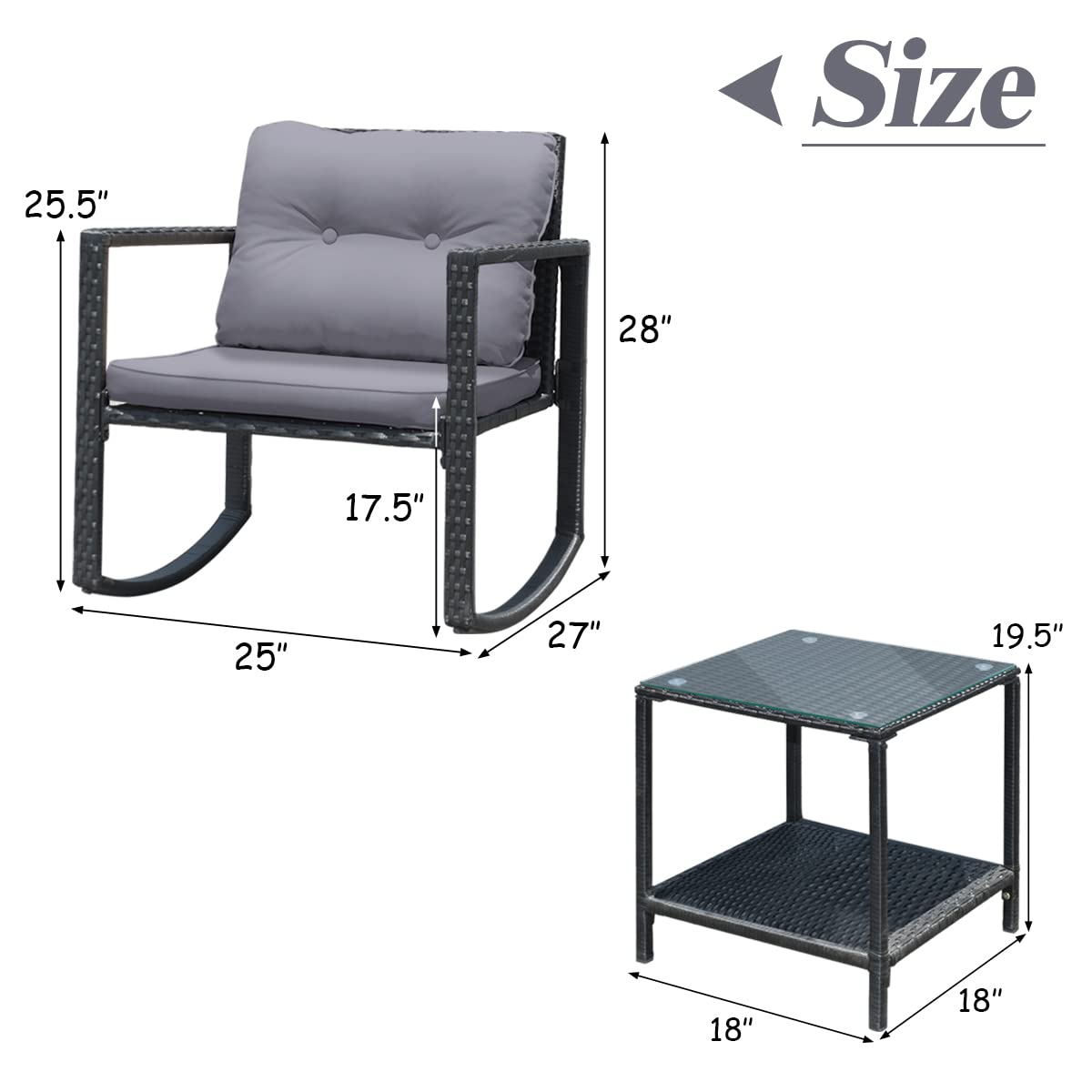 Tangkula 3-Piece Outdoor Patio Wicker Rocking Bistro Set with Cushioned Chairs, Glass Coffee Table & Storage Shelf - Gray | Perfect for Backyard, Garden, Deck or Balcony Relaxation