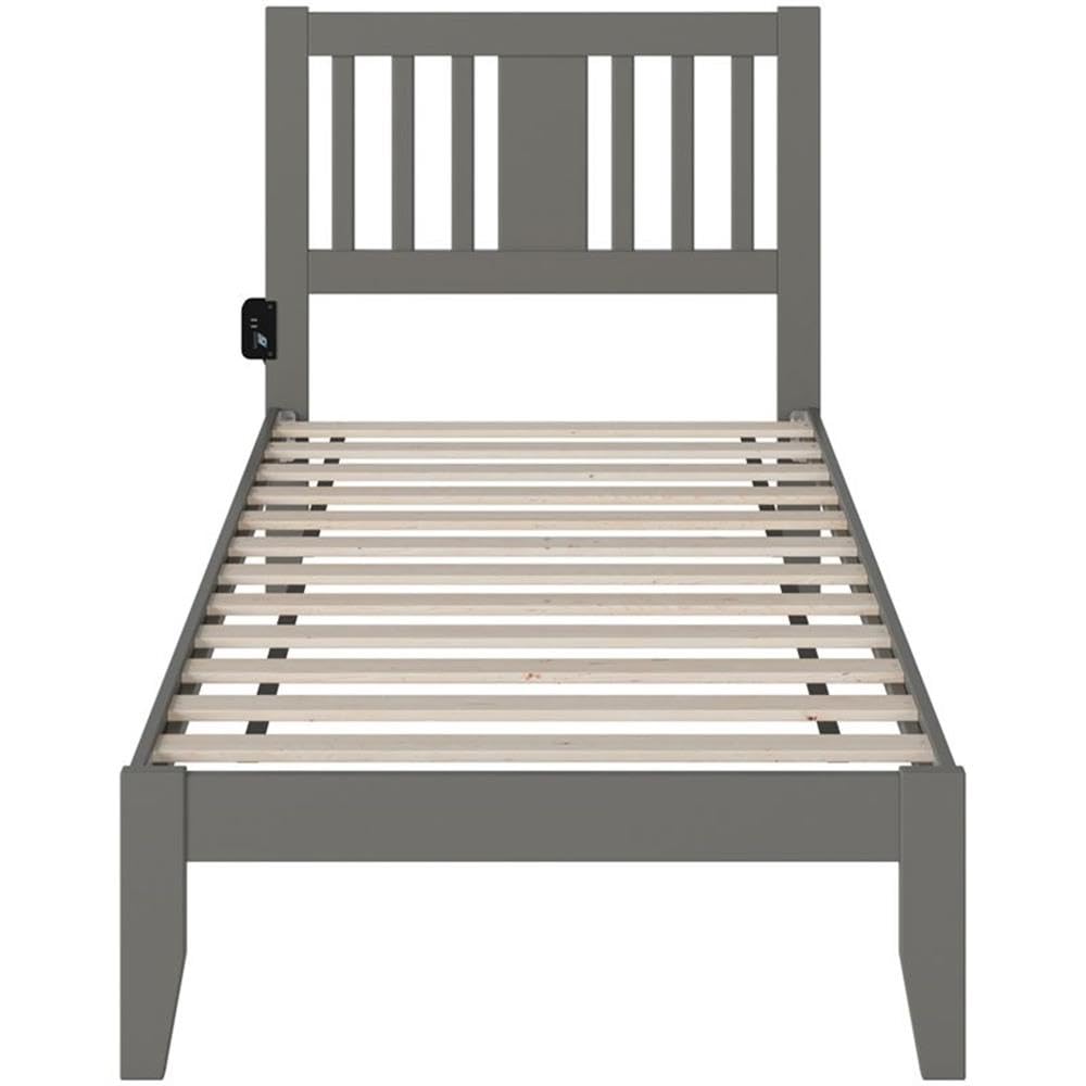 BOWERY HILL Transitional Wood Twin Spindle Bed Frame with USB Turbo Charger - Gray Finish | Modern Bedroom Furniture for Small Spaces & Guest Rooms