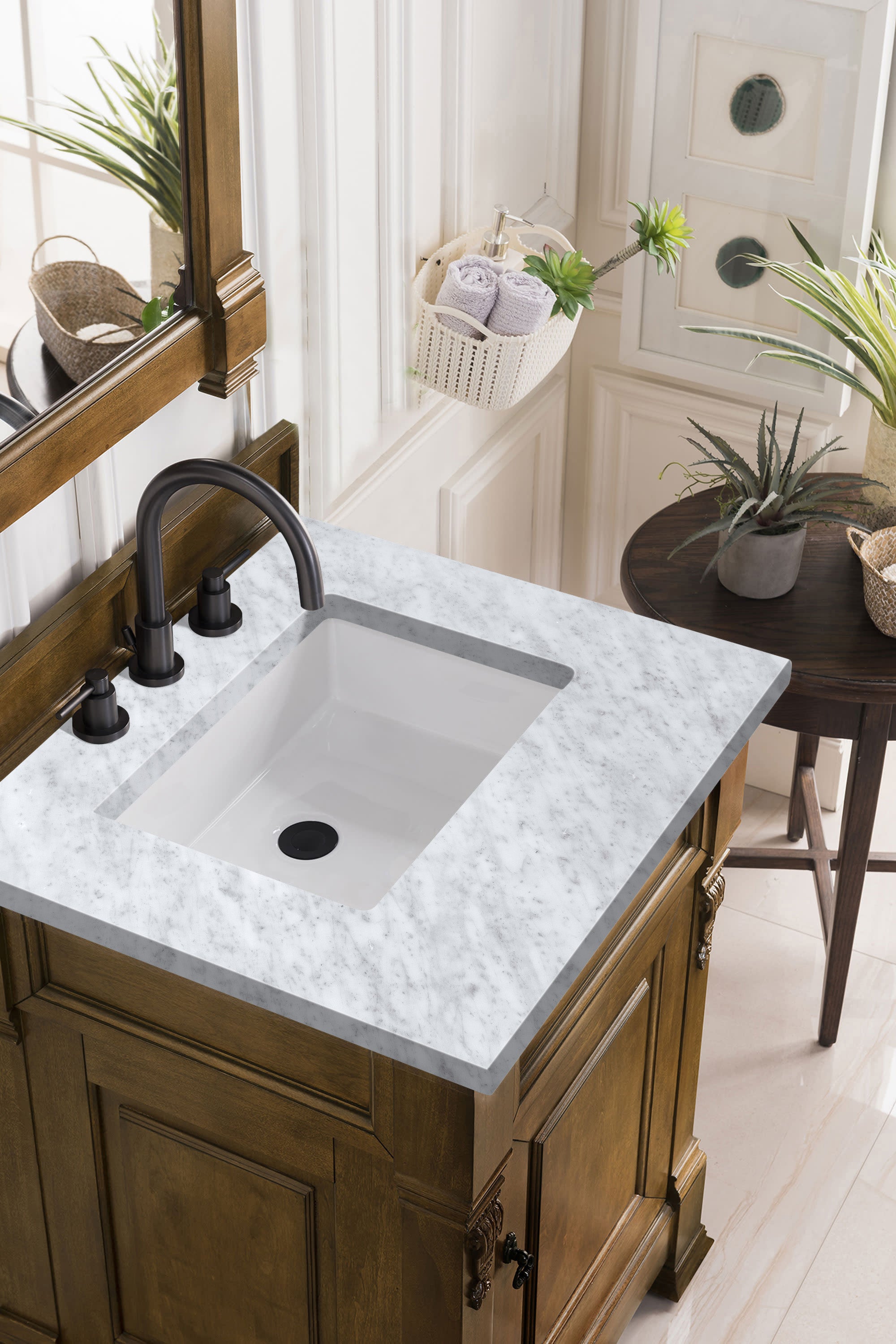 Brookfield 26 Inch Single Bathroom Vanity with Country Oak Finish & 3CM Carrara Marble Top – Perfect for Modern Farmhouse, Rustic, or Traditional Bathroom Designs