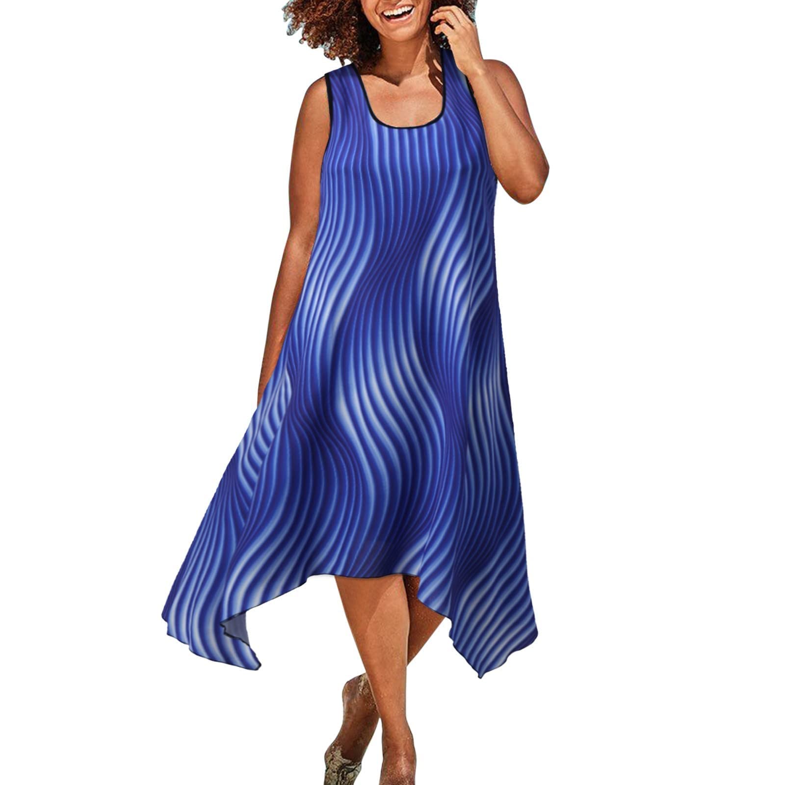 Women's Summer Printed Casual Suspender Beach Dress - Round Neck Sleeveless Flowy Sundress for Vacation, Pool Party & Outdoor Activities