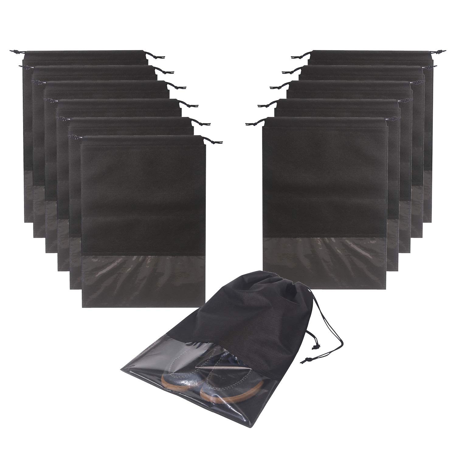 12PCS Travel Shoe Bags with Drawstring - Large Shoe Storage Pouches for Men & Women - Black - Perfect for Packing, Gym, Camping & Organization