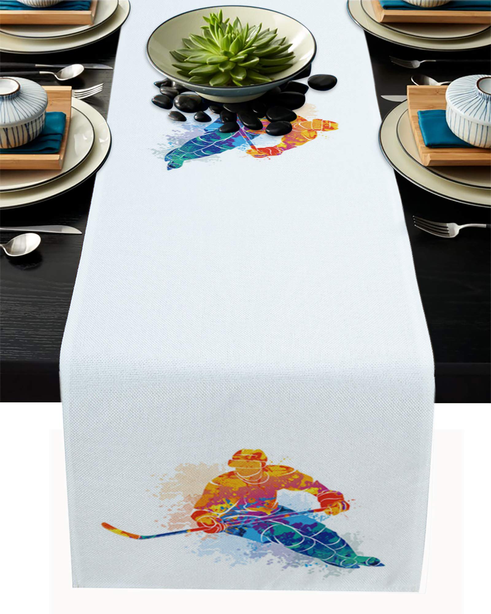 Washable Burlap Linen Coffee Table Runner for Living Room & End Table | Sportsman Abstract Watercolor Design | Perfect for Everyday Dining, Play Hockey Enthusiasts, and Home Decor