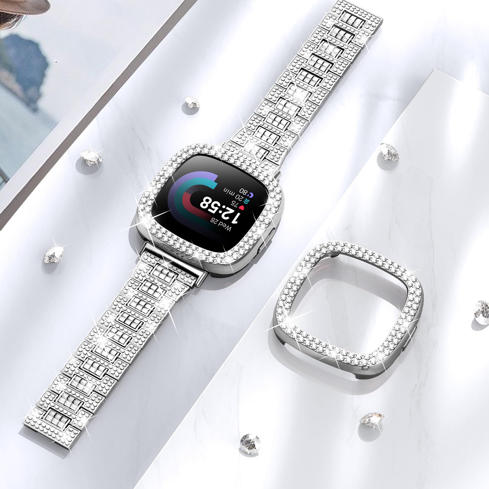 Dsytom Bling Stylish Watch Band - Compatible with Fitbit Versa 4/3, Sense 2/1 - Rhinestone Bracelet Strap with Protective Case Cover for Women | Elegant Accessory for Work, Party & Everyday Wear