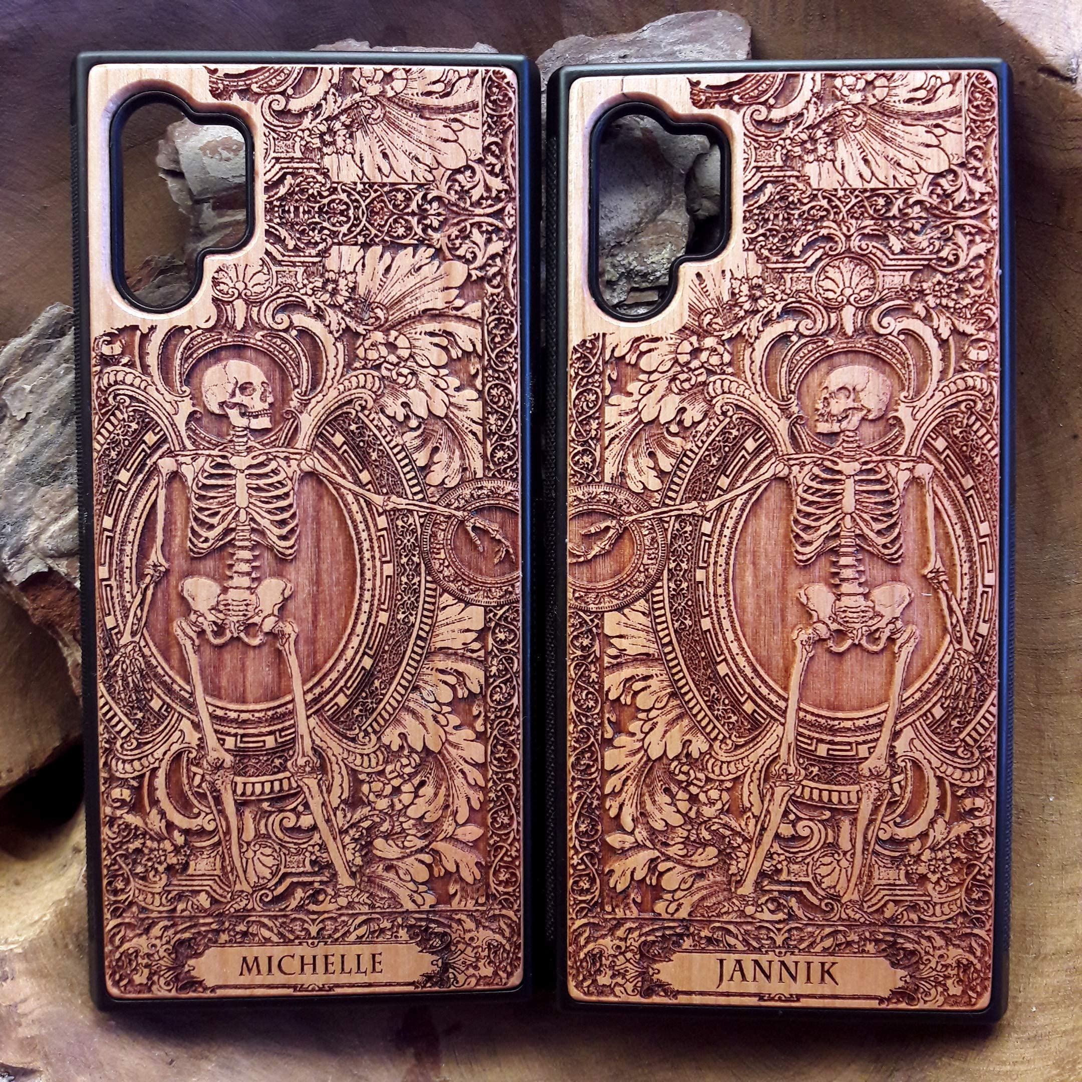 Custom Engraved Wooden Phone Case for iPhone 16/15/14/13/12/11 Pro Max Mini & Galaxy S25/S24/S23/S22/S21/S20 Ultra Plus - Personalized Skeleton Couple Design 'Till Death Do Us Part' - Eco-Friendly Slim Durable Wood Cover - Perfect for Couples, Anniversaries & Romantic Gifts