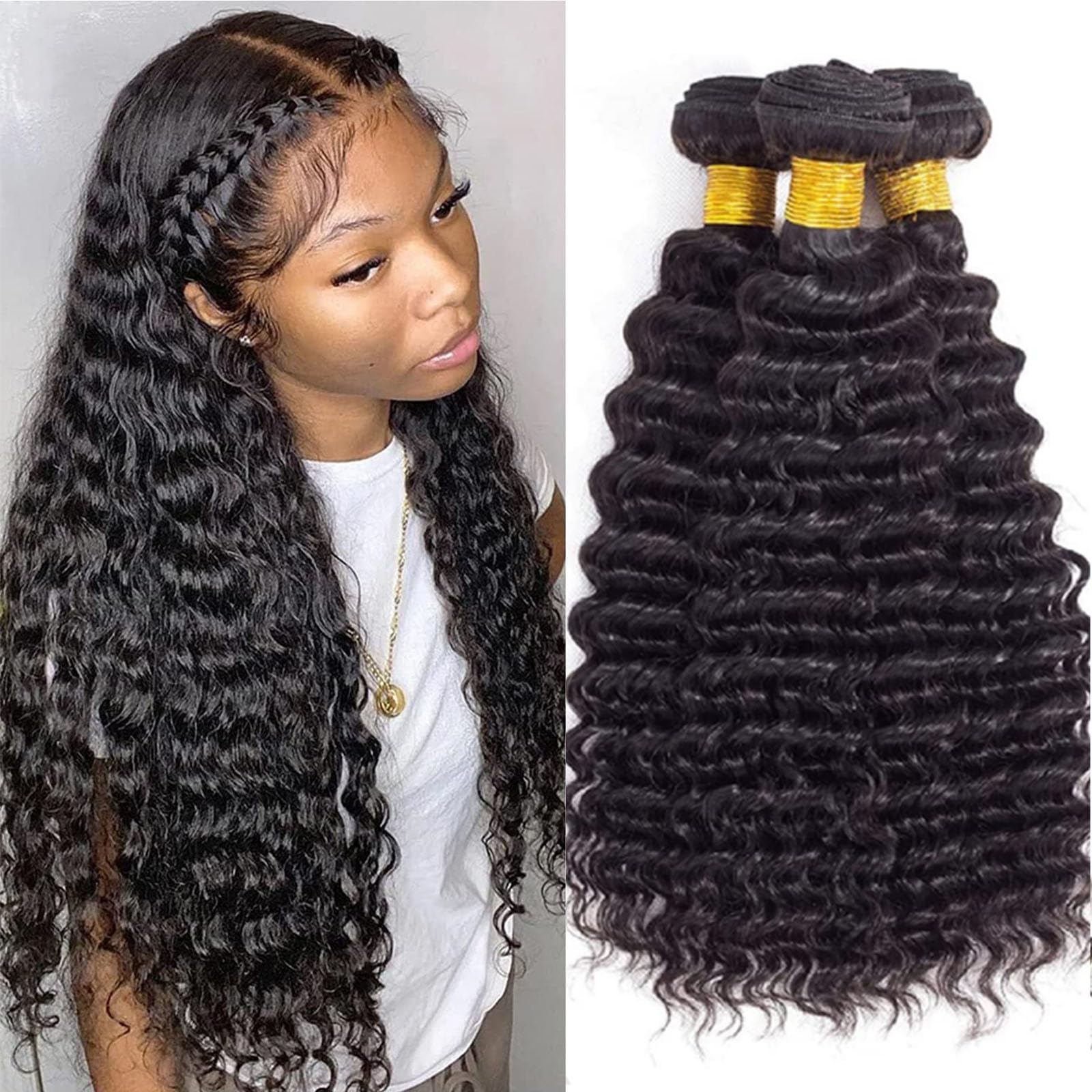 10A Deep Wave Human Hair Bundles 22 24 26 Inch - 100% Unprocessed Brazilian Virgin Hair Extensions for Women - Natural Black Wet & Wavy Weave Bundles - Perfect for Daily Styling, Special Occasions & Salon Looks