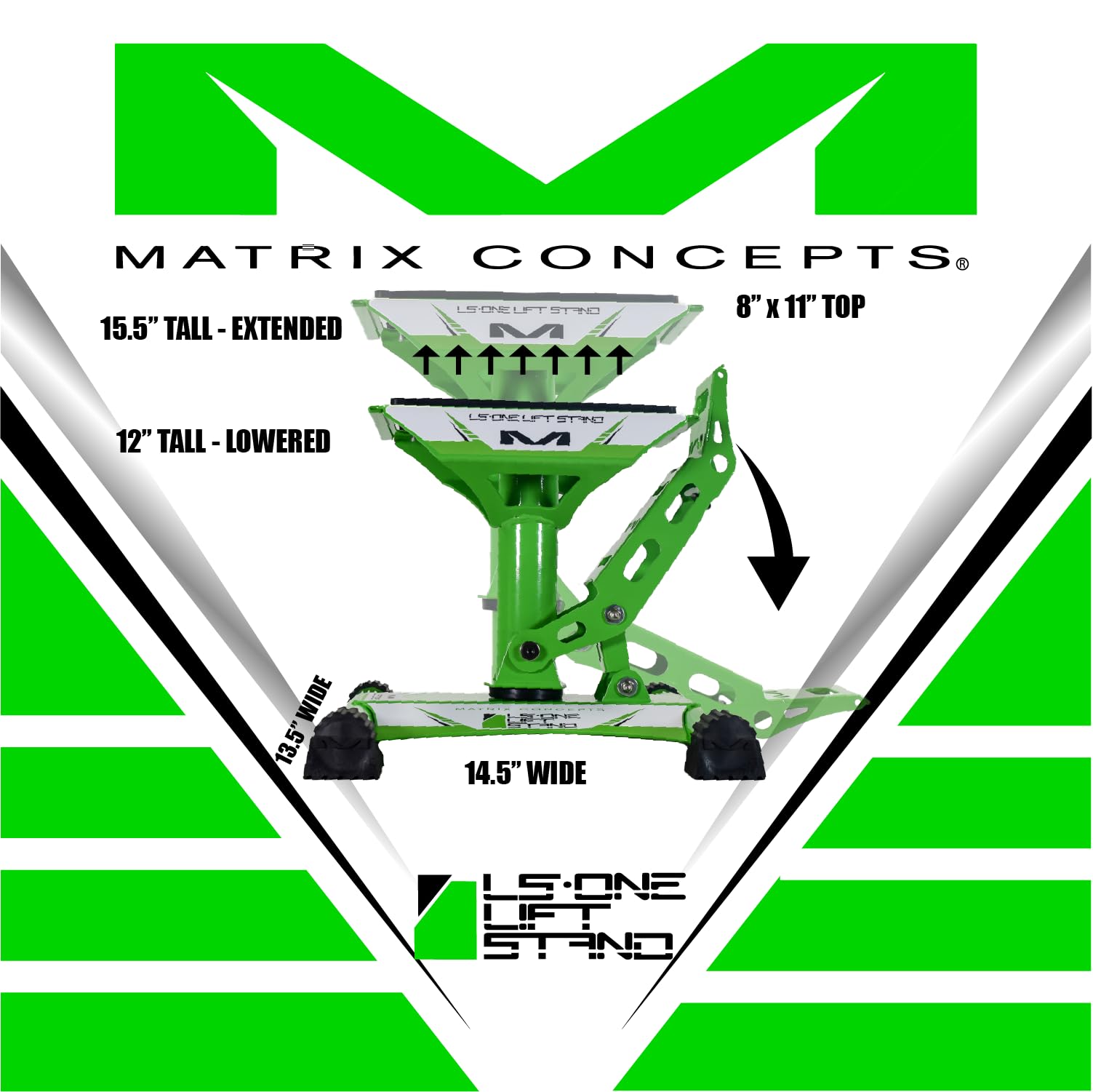 Matrix Concepts LS1 Lift Stand - Heavy Duty Carbon Steel Construction, 500 lbs Weight Capacity - Ideal for Dirt Bikes & Mini Riders - Includes Free Sticker Pack (Green) - Perfect for Garage Maintenance, Bike Storage & Off-Road Adventures