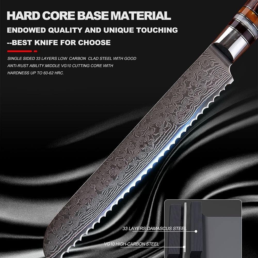 8 Inch 67 Layer Damascus Steel Japanese Bread Knife - Super Sharp Serrated Kitchen Knife with Ergonomic Handle & Gift Box - Perfect for Slicing Bread, Cake, Pastry, Fruits and Cooking - Ideal for Home Chefs, Bakers and Professional Kitchens