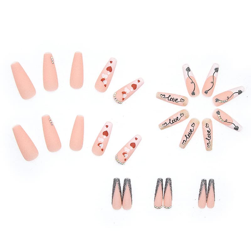 24Pcs Long Coffin Press on Nails with Heart & Rhinestone Designs - Pink French False Nails with Glue - Ballet Fake Nails for Women & Girls - Perfect for Parties, Weddings & Special Occasions