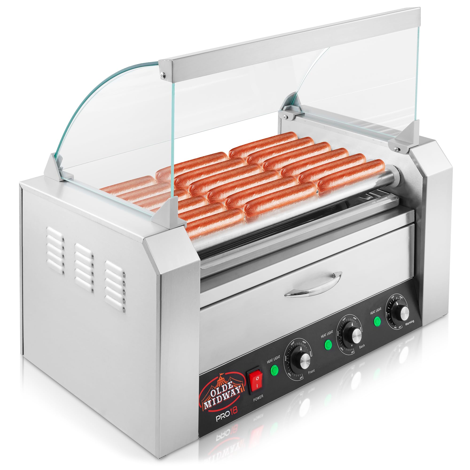 Olde Midway Electric 18 Hot Dog 7 Roller Grill Cooker Machine with Bun Warming Drawer & Cover - Commercial Grade Stainless Steel Hot Dog Roller for Restaurants, Carnivals & Concession Stands