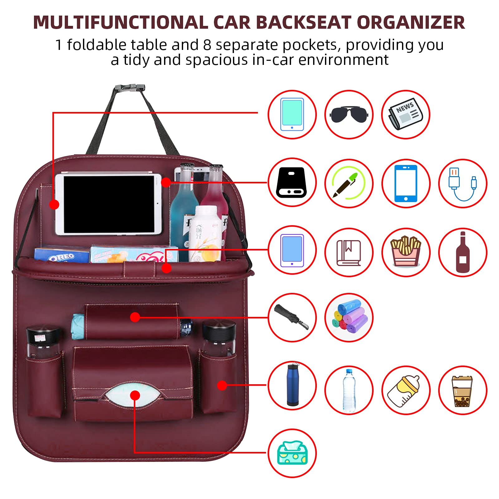 Upgraded Car Seat Back Protector & Kick Mats for Kids - Anti-Kick PU Leather Backseat Organizer with Storage Pockets & Tablet Holder - Wine Red - Perfect for Family Road Trips & Child Safety
