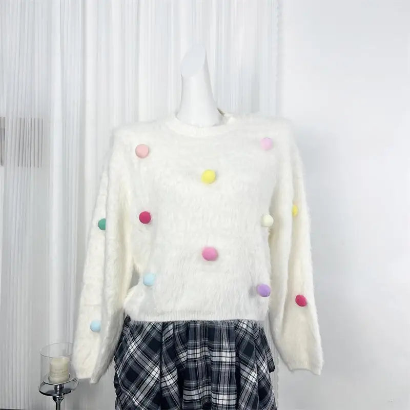 Women's White Mink Fur Ball Decor Short Knit Sweater - Round Neck Long Sleeve Pullover Top for Autumn Winter | Casual Streetwear & Vacation Outfit