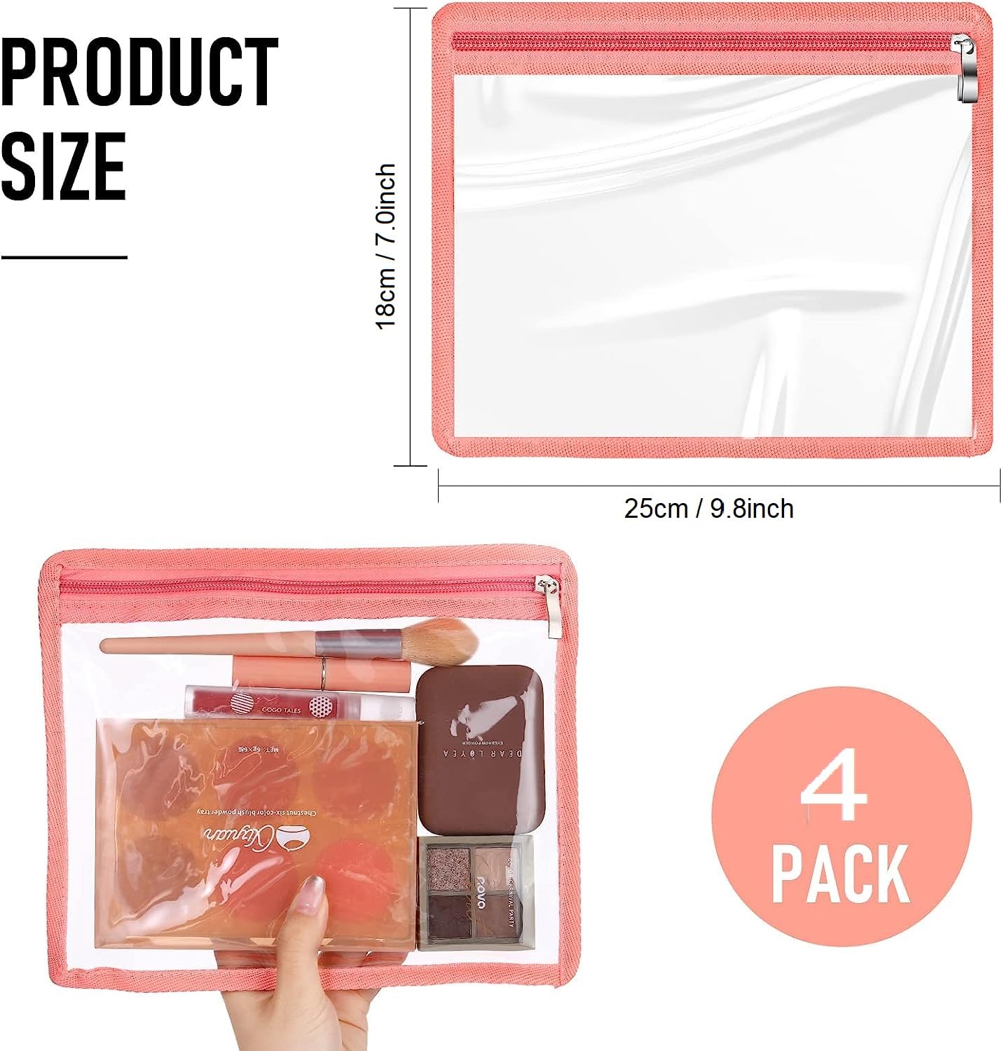 FRENYEAR Clear PVC Makeup Bag with Zipper - Travel Cosmetic Organizer Pouch (Black Border & Pink) for Toiletries, Makeup Brushes & Travel Essentials | Perfect for Gym, Vacation & Daily Use