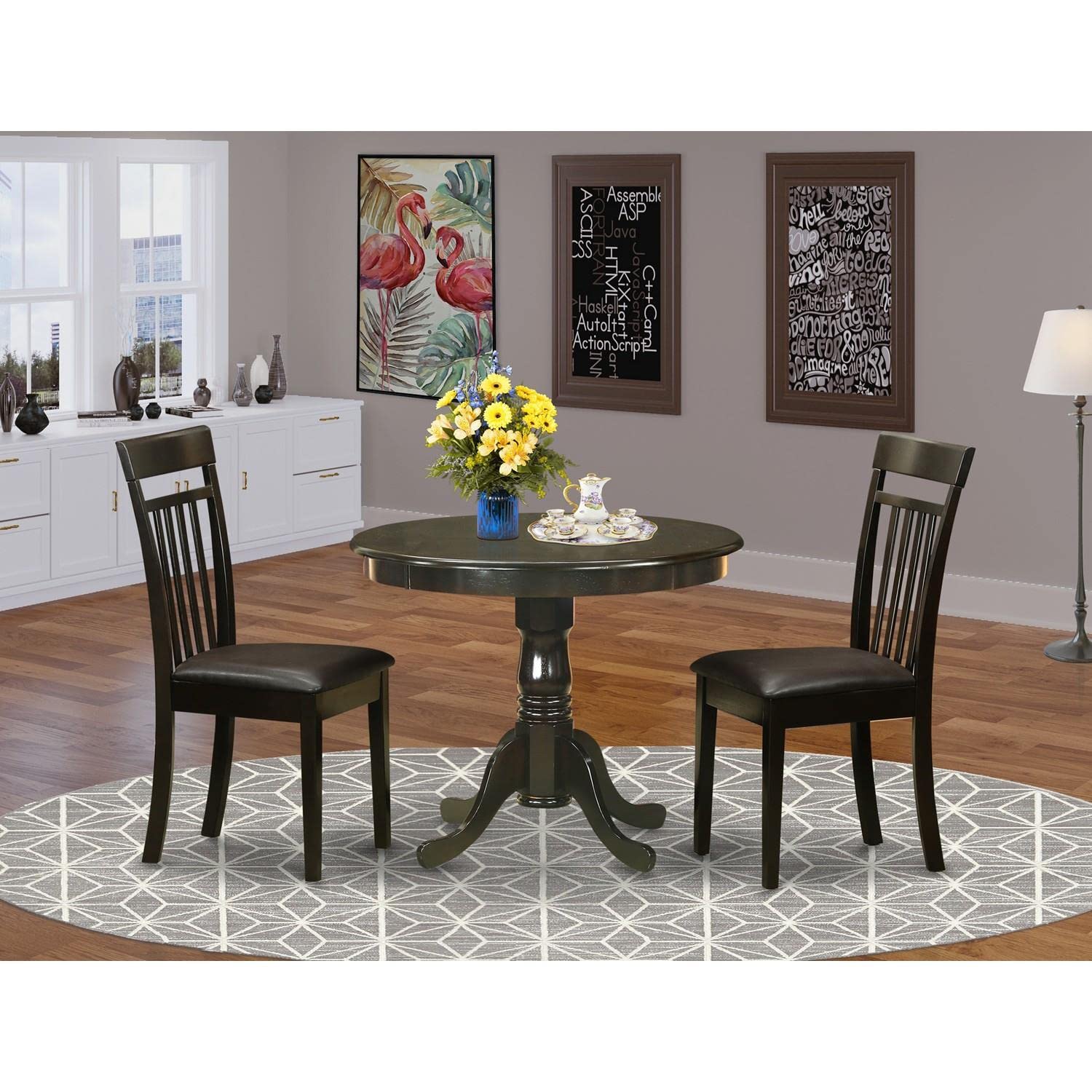 East West Furniture ANCA3-CAP-LC 3-Piece Round Dining Table Set with Pedestal Base & 2 Faux Leather Chairs, 36x36 Inch, Cappuccino - Perfect for Small Kitchens, Breakfast Nooks & Cozy Apartments