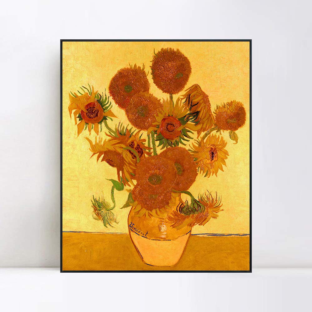 INVIN ART 100% Hand Painted Framed Canvas Wall Art - Vincent Van Gogh Fifteen Sunflowers Oil Painting Reproduction, Modern Home Decor (Black Slim Frame, 24x32 Inches) for Living Room, Bedroom & Office Decor
