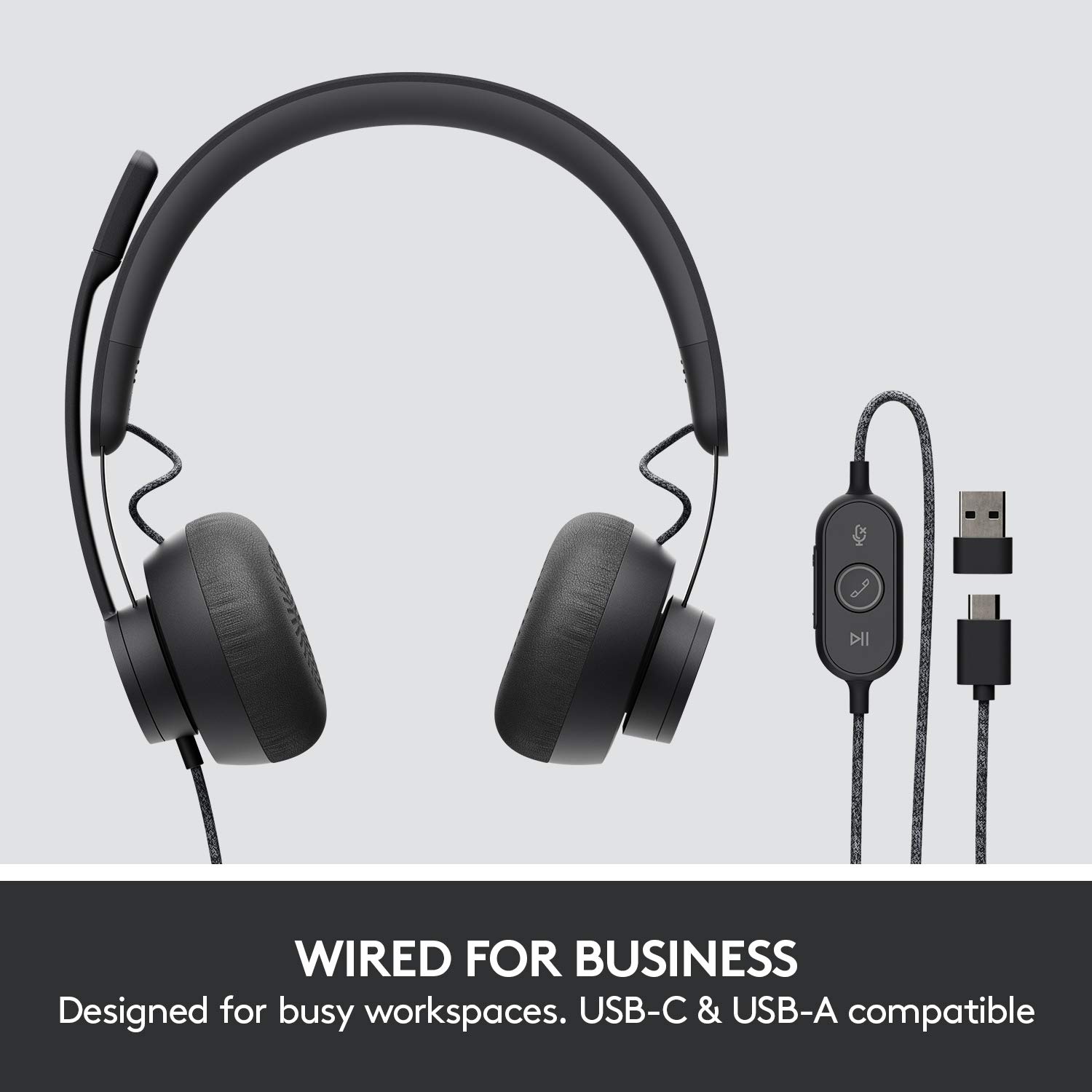 Logitech Zone Wired Noise Canceling Headset with USB-C & USB-A Adapter - Graphite Black | Professional Office Headphones for Video Calls, Remote Work & Gaming