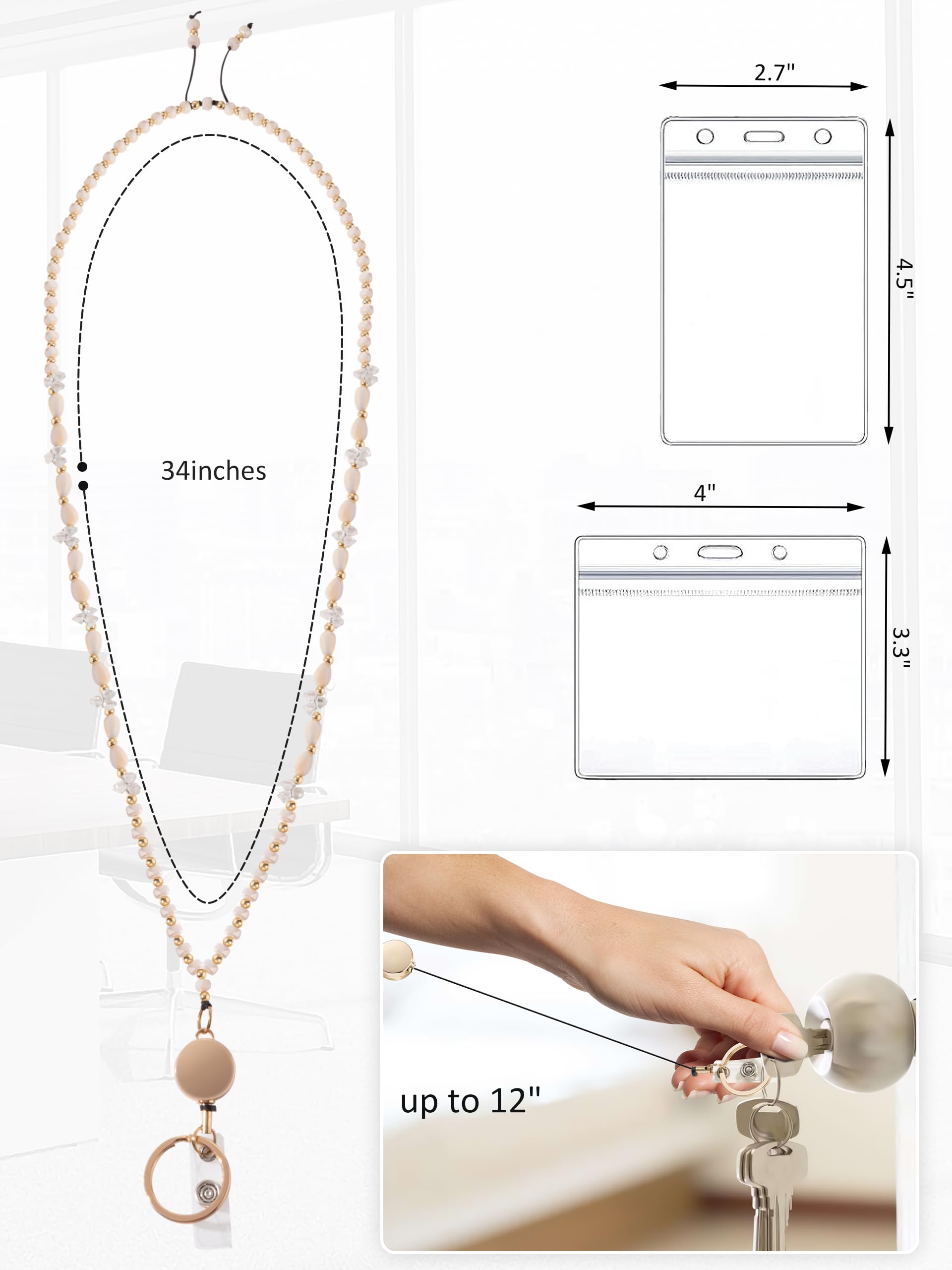 Retractable Beaded Lanyard for ID Badges & Keys - Cream Crystal for Women & Teachers - Office & School Use
