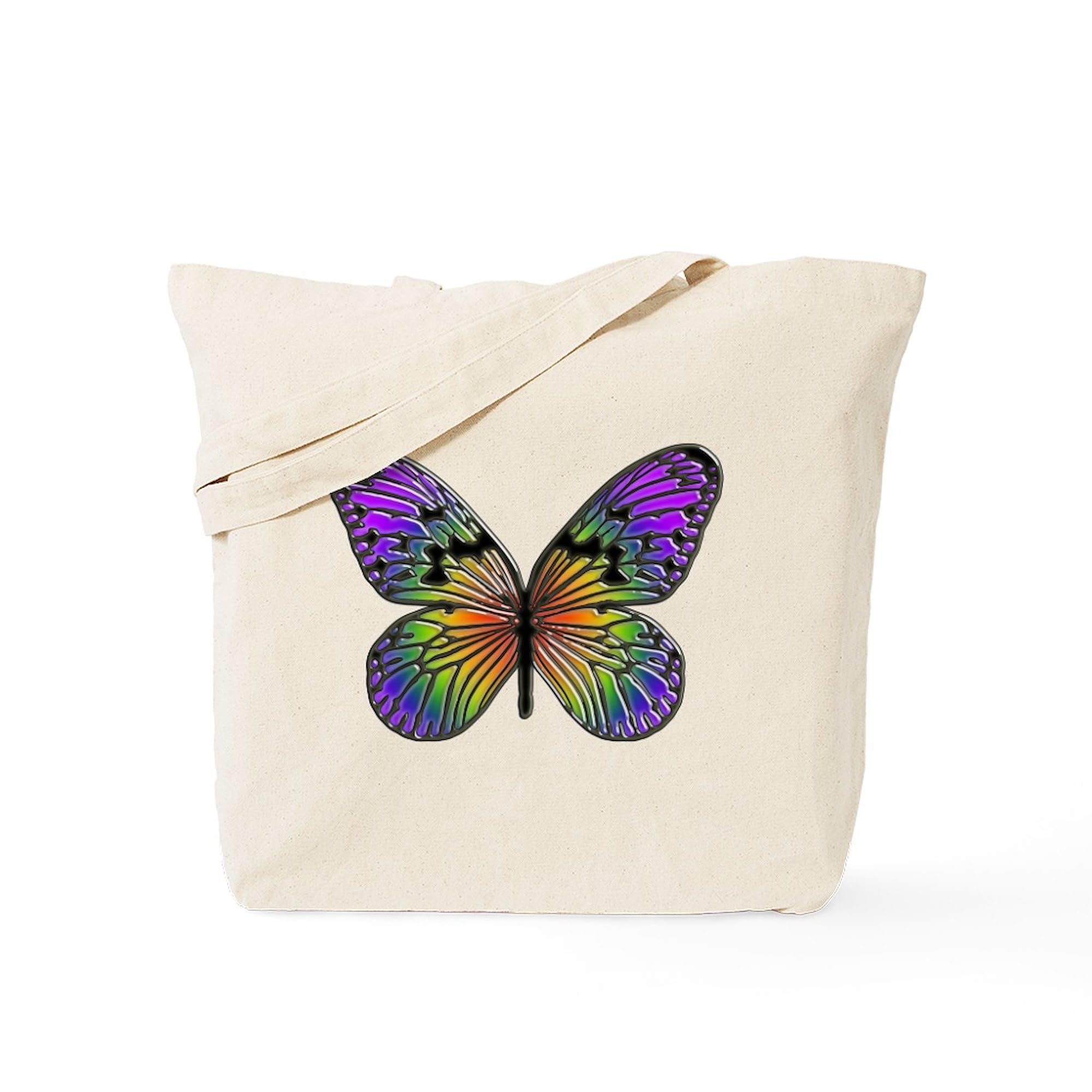 Rainbow Butterfly Tote Bag - Natural Canvas Reusable Shopping Bag for Women, Eco-Friendly Grocery Tote for Beach, Market & Daily Use