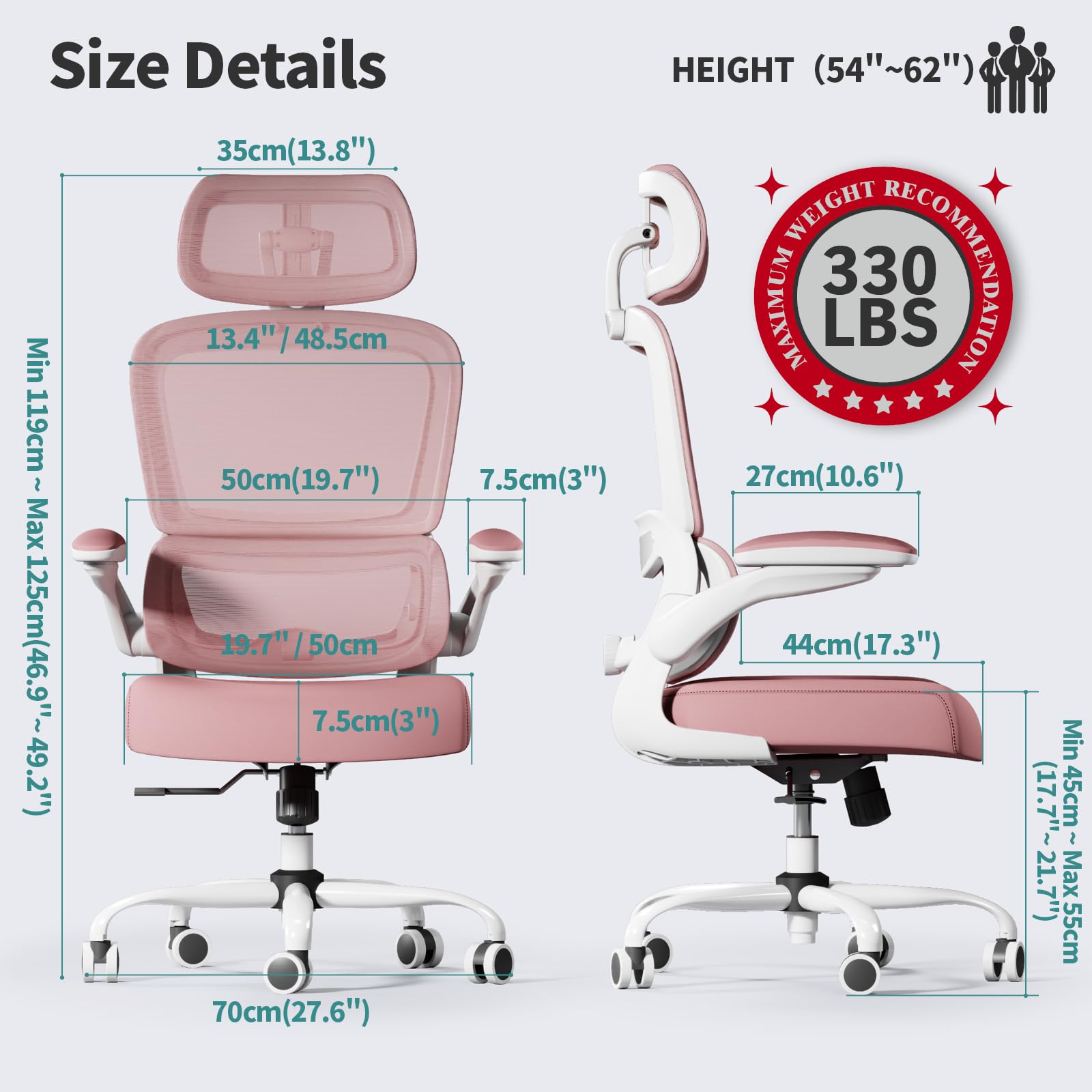 Ergonomic Office Chair with Wheels - 330 LBS Capacity High Back Mesh Desk Chair for Home & Gaming - Comfortable Computer Chair for Long Hours (Pink) - Perfect for Home Office, Gaming Setup, and Workspaces
